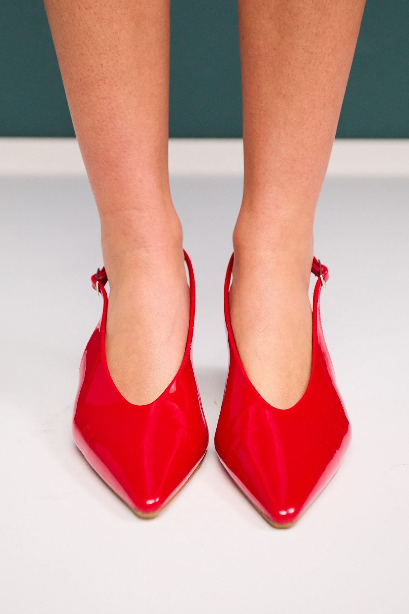 Red Patent Point Toe Slingback Kitten Heels