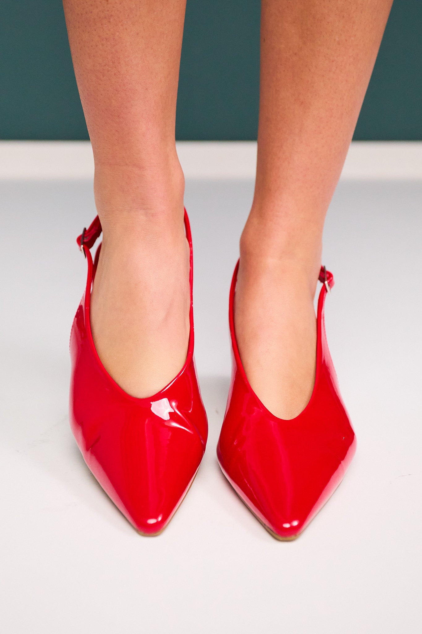 Red Patent Point Toe Slingback Kitten Heels