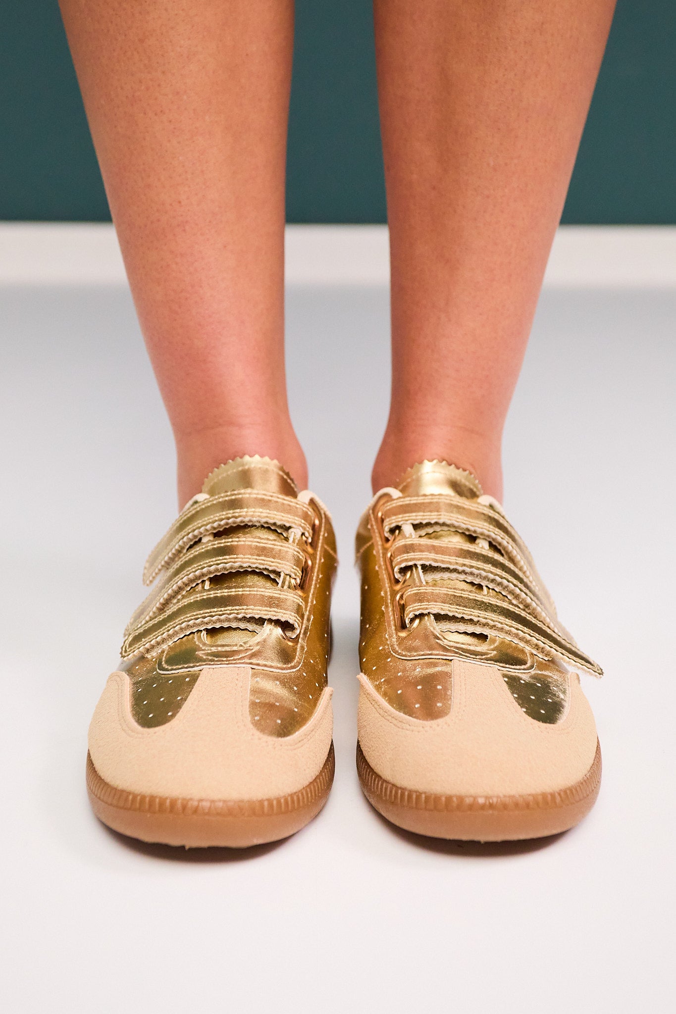 Gold Velcro Strap Sneakers