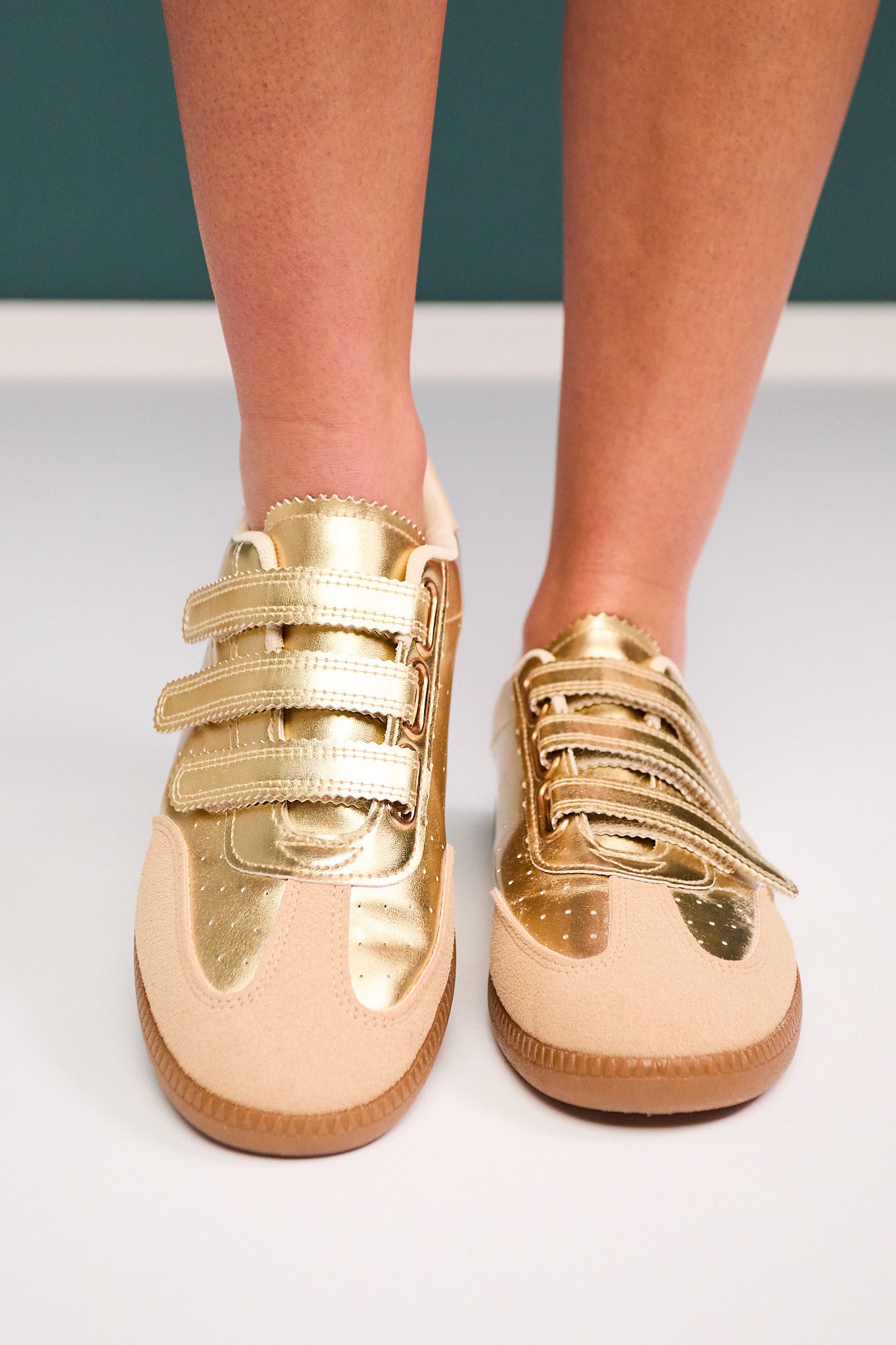 Gold Velcro Strap Sneakers