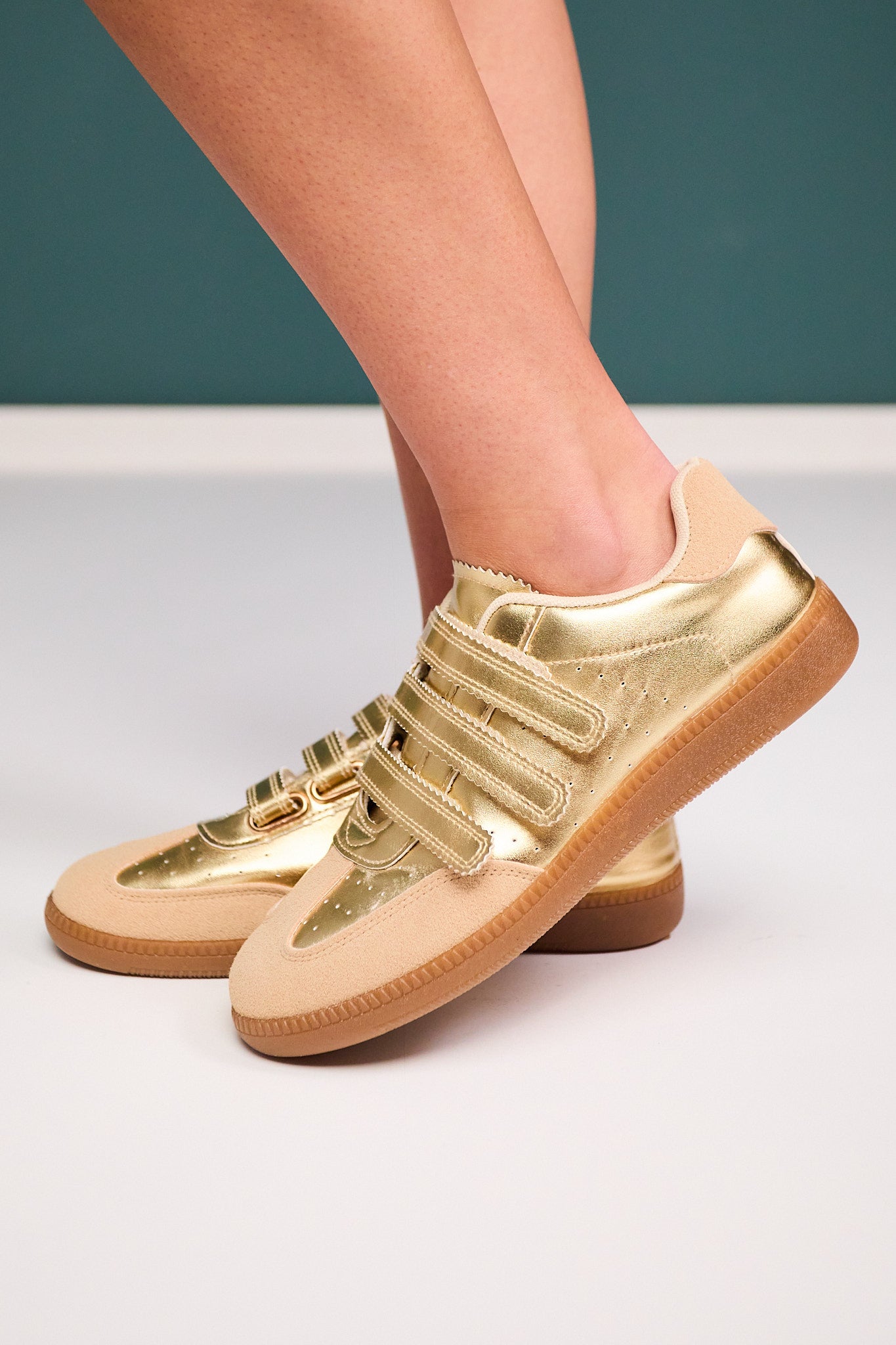 Gold Velcro Strap Sneakers