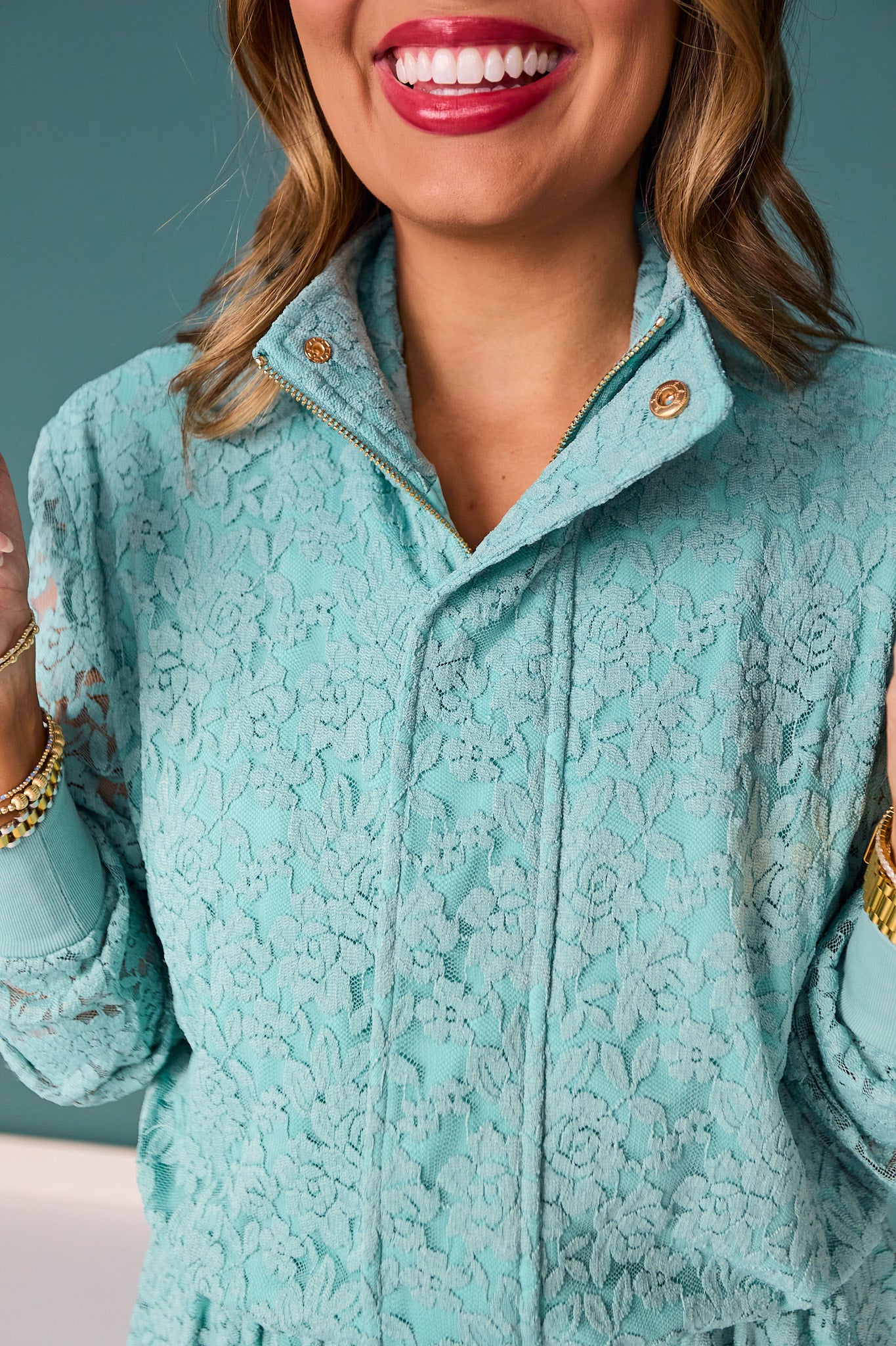 SSYS Cecilia Lace Bomber Jacket In Dusty Sage