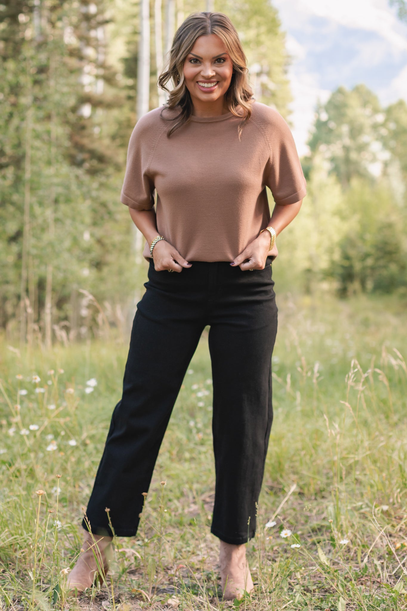 SSYS Aveline Short Sleeve Slouch Sweater In Camel