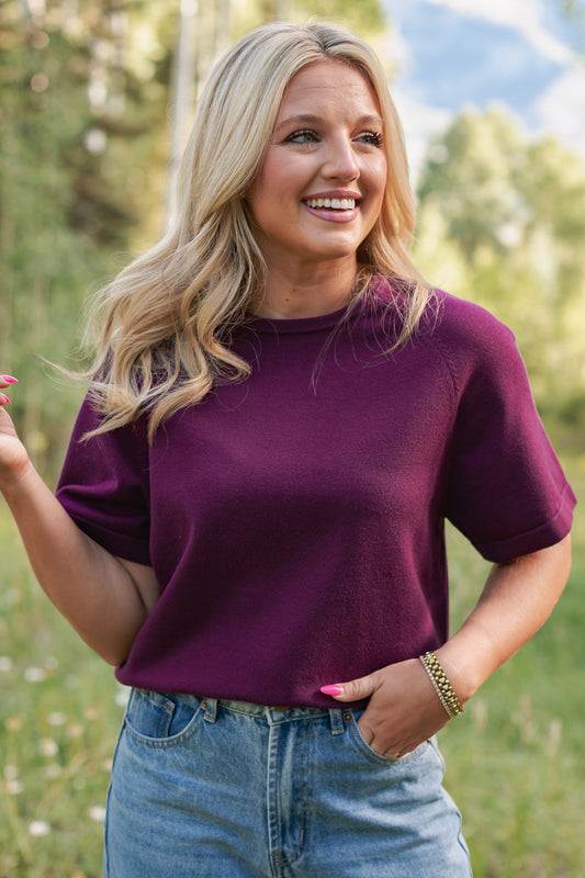 SSYS Aveline Short Sleeve Slouch Sweater In Dark Maroon