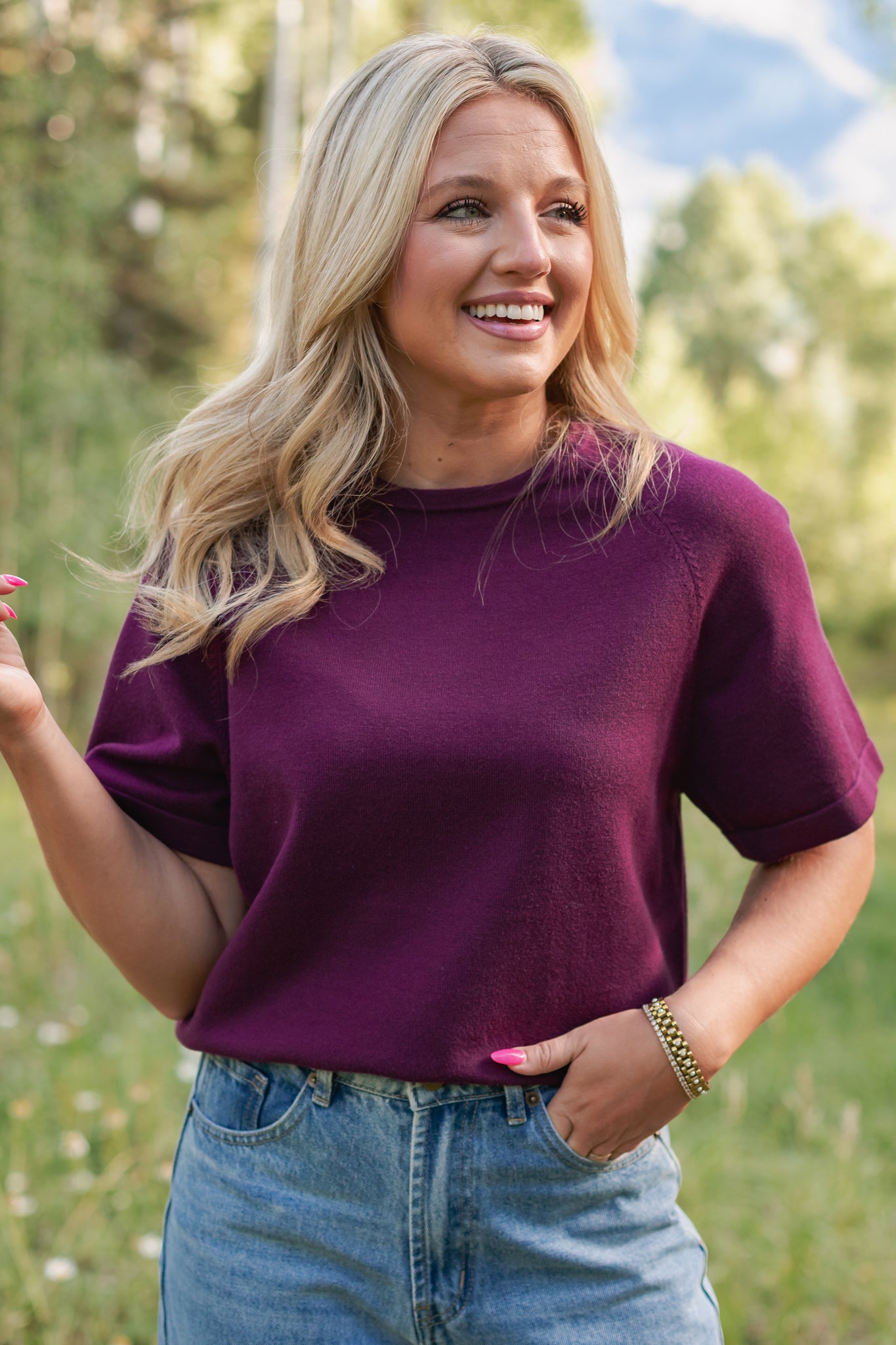 SSYS Aveline Short Sleeve Slouch Sweater In Dark Maroon