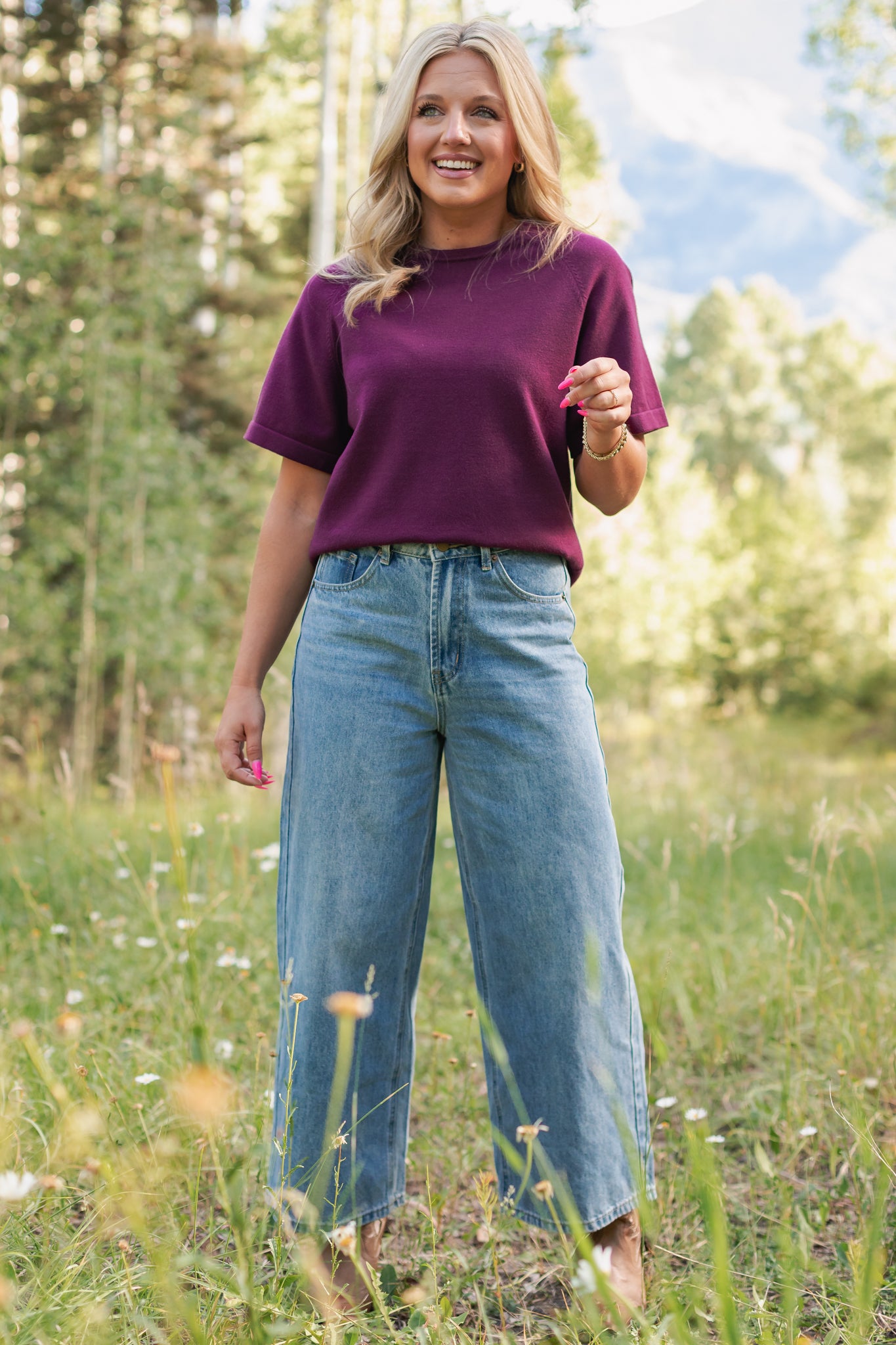 SSYS Aveline Short Sleeve Slouch Sweater In Dark Maroon