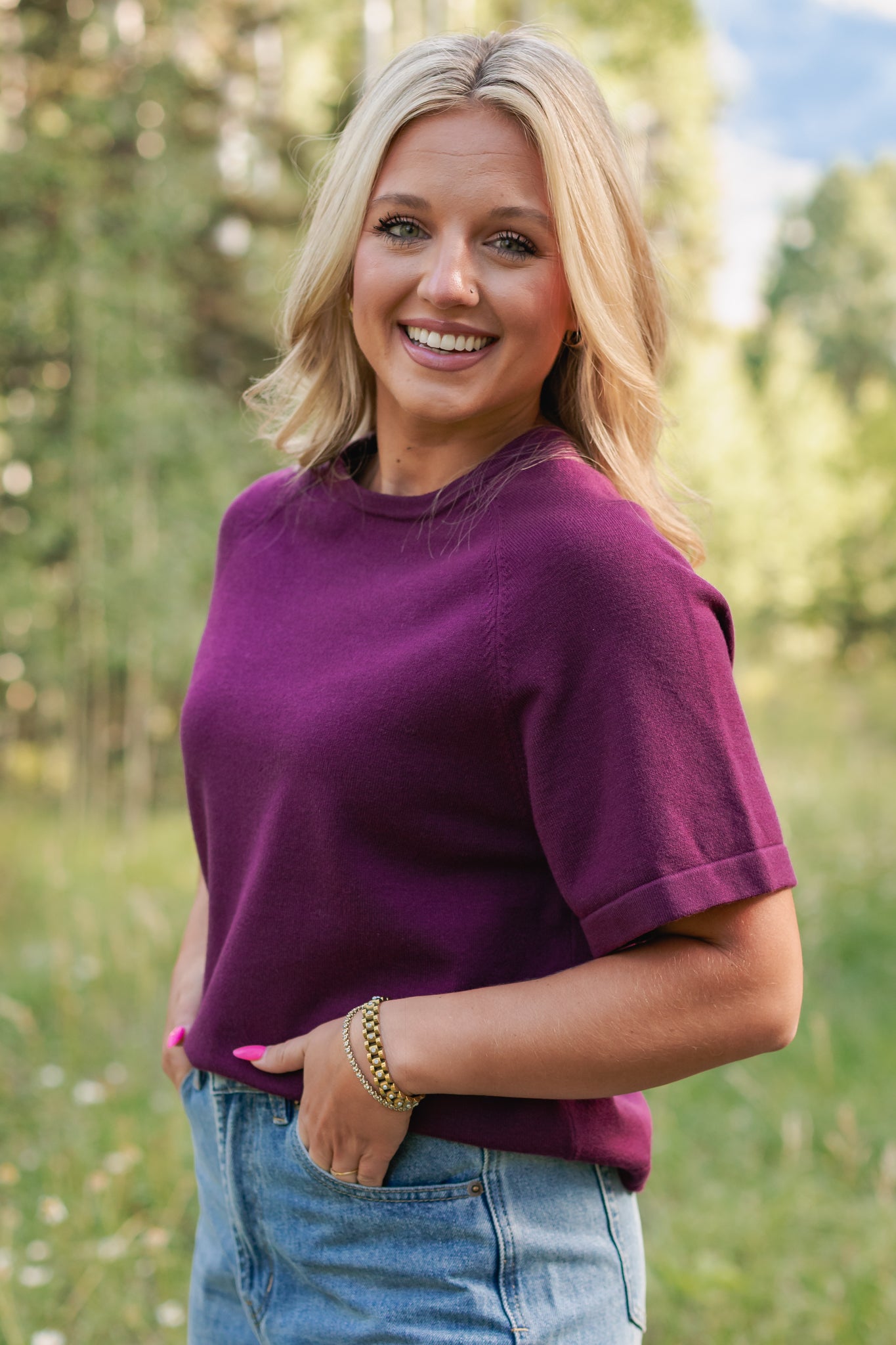SSYS Aveline Short Sleeve Slouch Sweater In Dark Maroon