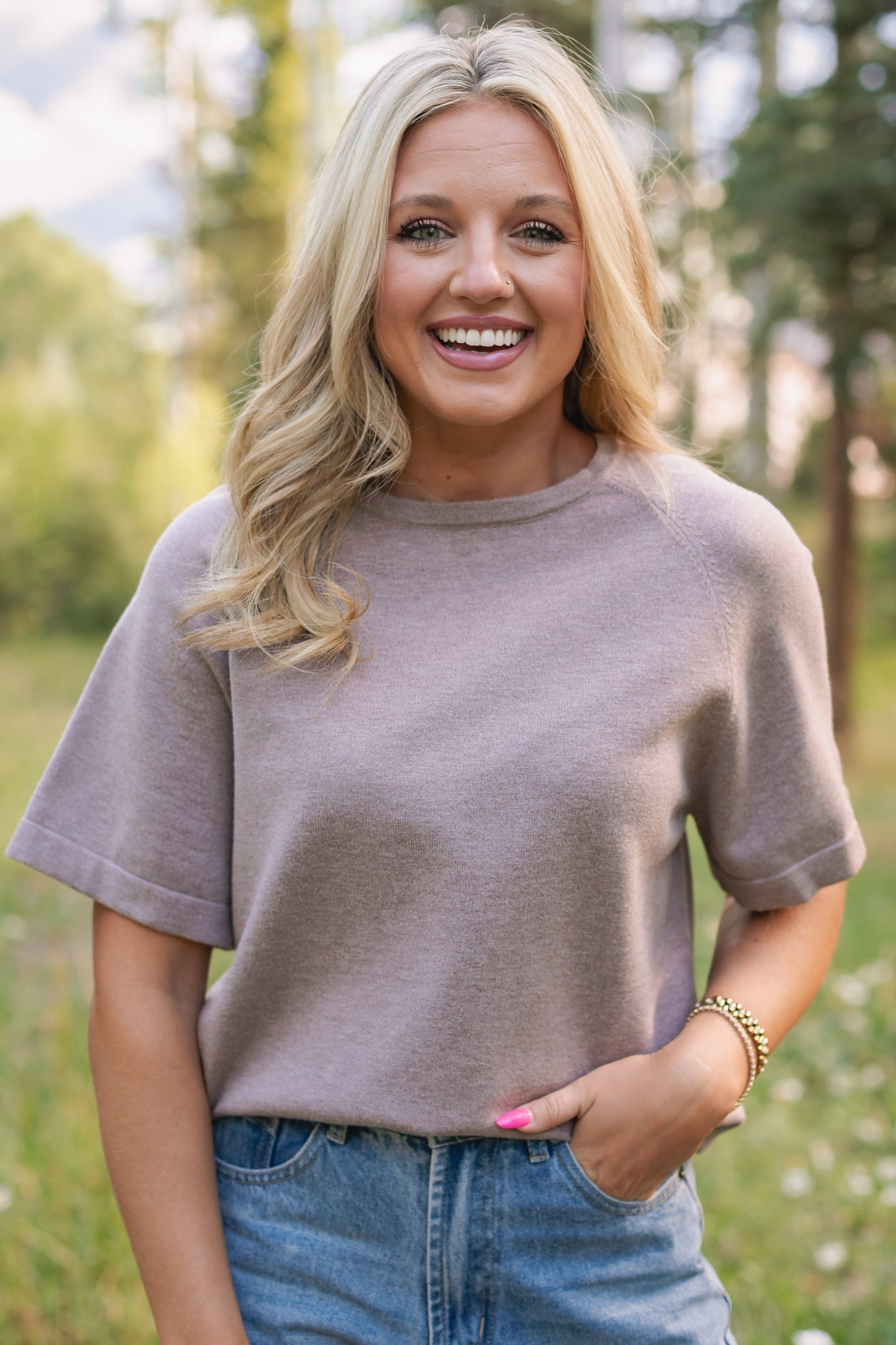 SSYS Aveline Short Sleeve Slouch Sweater In Heathered Taupe