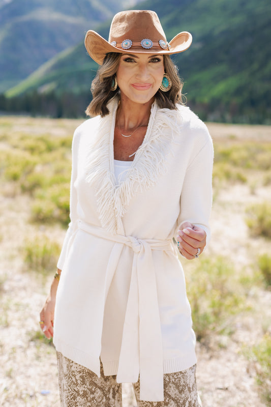 SSYS Catalina Fringe Wrap Cardigan In Ivory