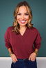 SSYS Lara V Neck Fleece Lined Cropped Sweatshirt In Maroon
