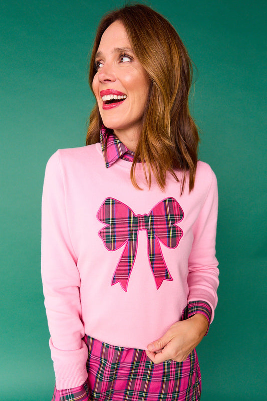 SSYS Roslyn Tartan Applique Bow Sweater In Pink