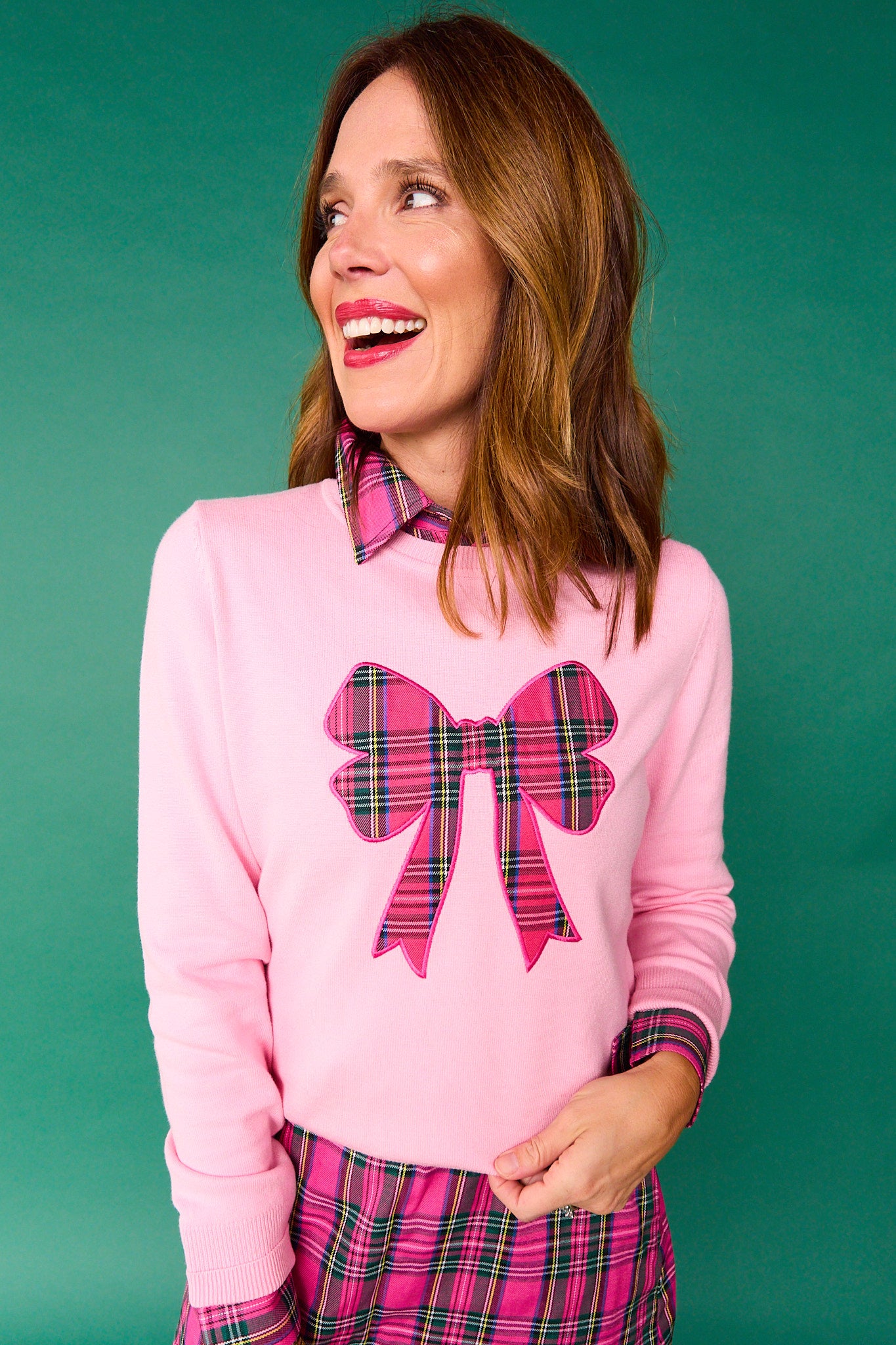 SSYS Roslyn Tartan Applique Bow Sweater In Pink