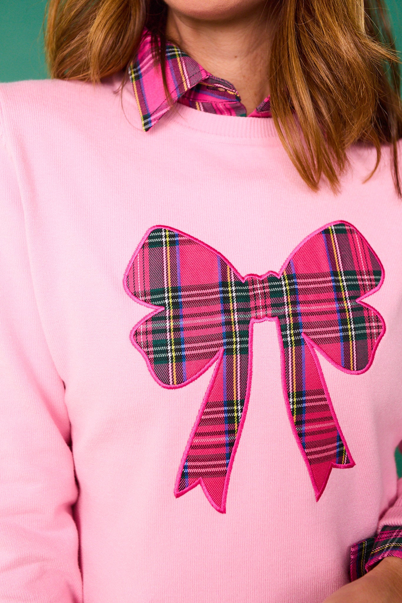 SSYS Roslyn Tartan Applique Bow Sweater In Pink