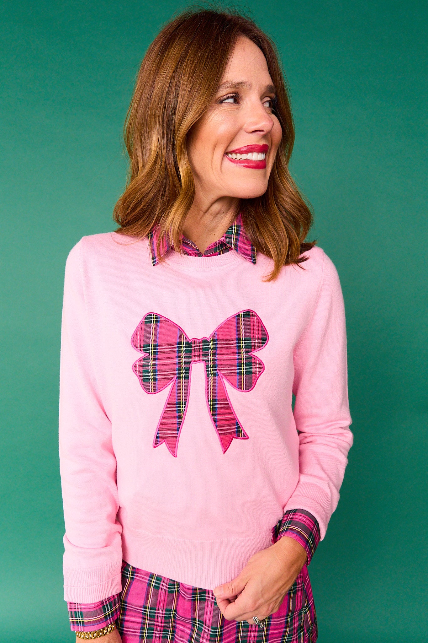 SSYS Roslyn Tartan Applique Bow Sweater In Pink