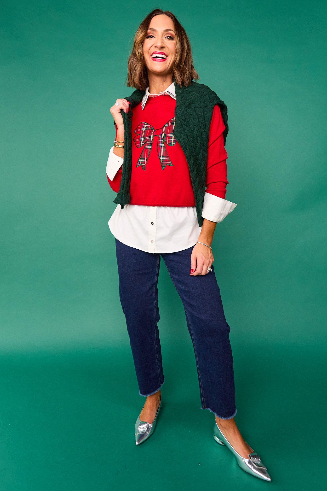 SSYS Roslyn Tartan Applique Bow Sweater In Red