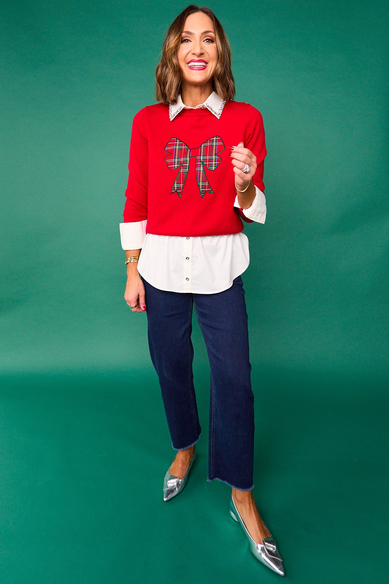 SSYS Roslyn Tartan Applique Bow Sweater In Red