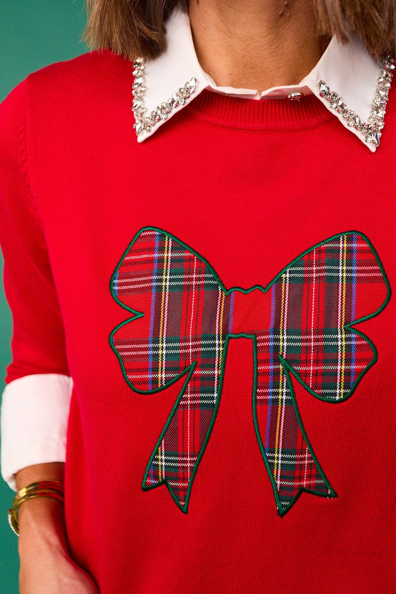 SSYS Roslyn Tartan Applique Bow Sweater In Red