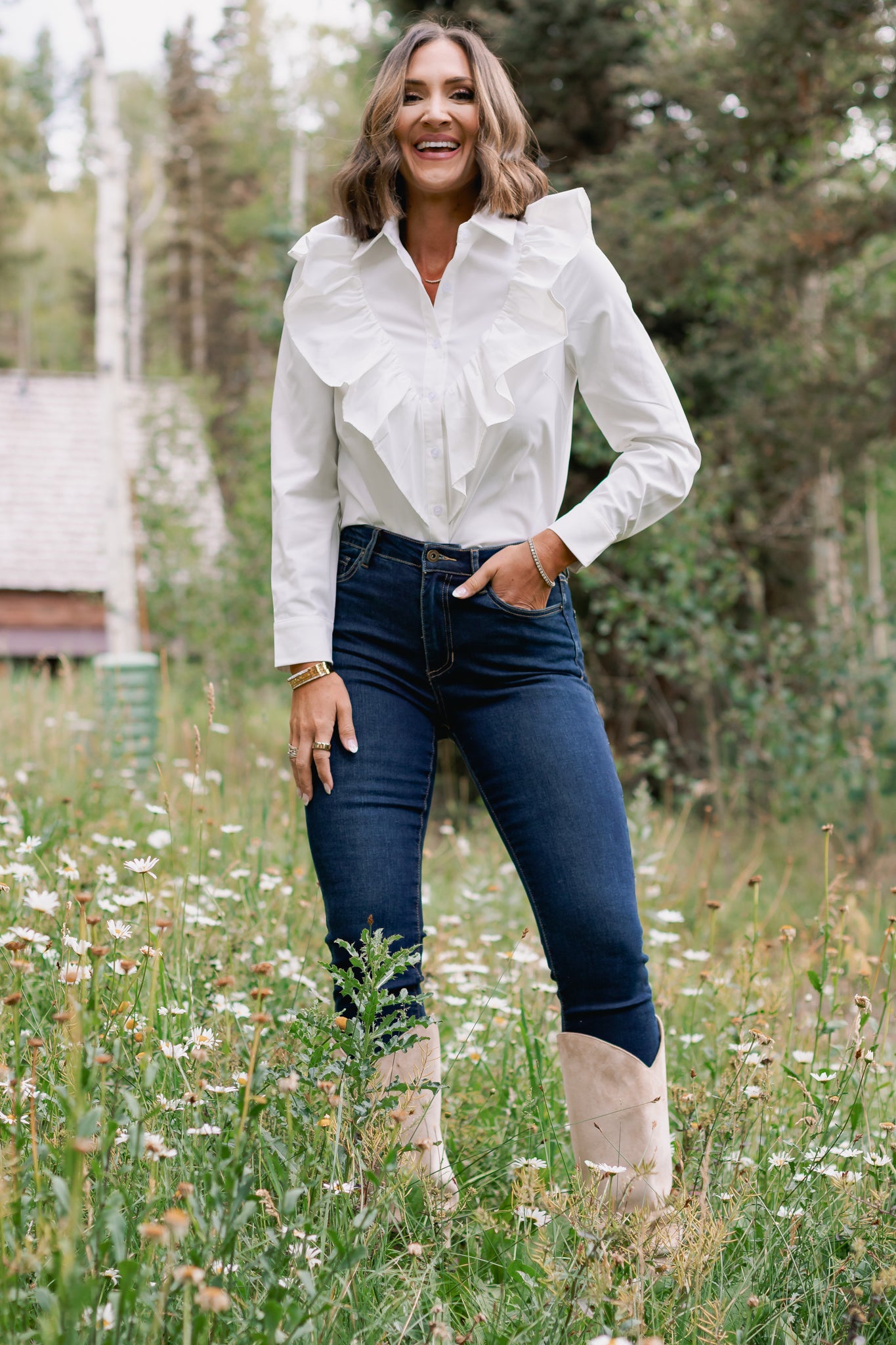 SSYS Finley Long Sleeve Ruffle Detail Top In White
