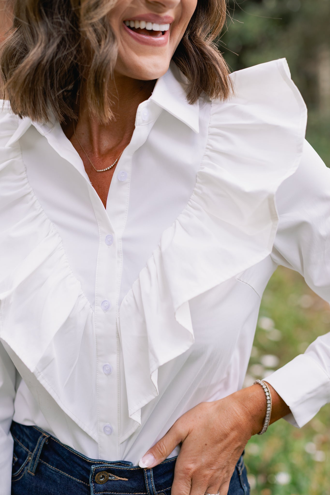 SSYS Finley Long Sleeve Ruffle Detail Top In White