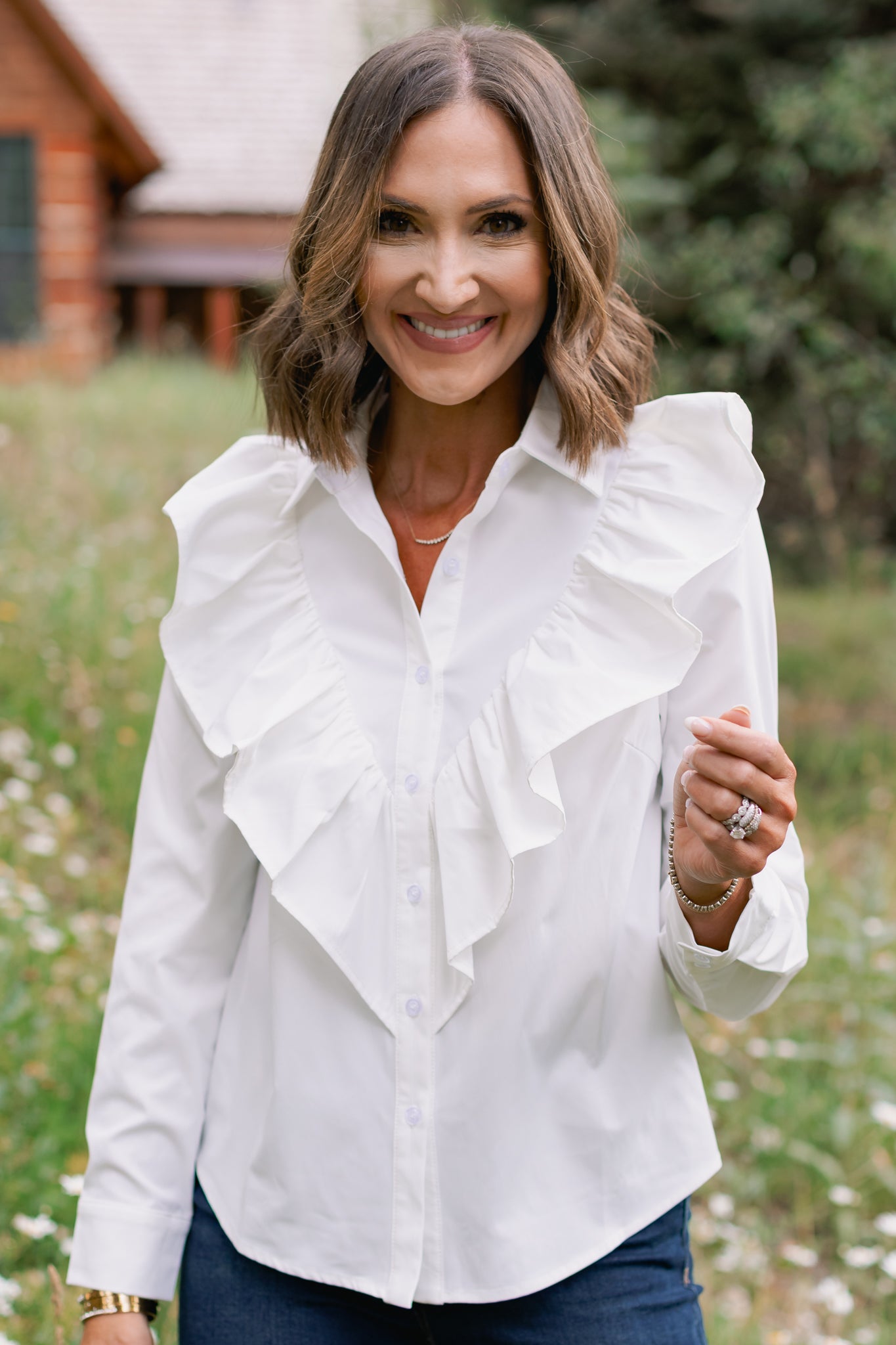 SSYS Finley Long Sleeve Ruffle Detail Top In White