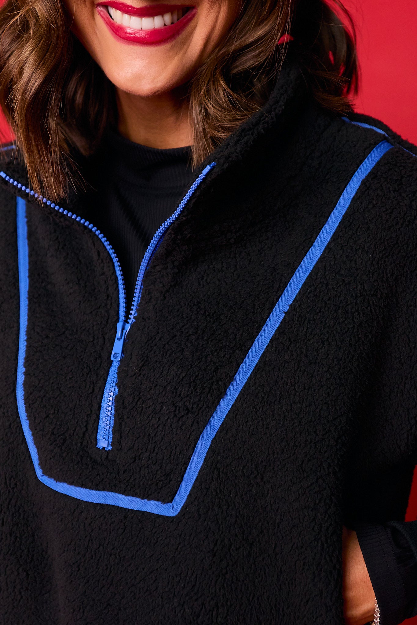 SSYS Clayton Sherpa Contrast Trim Quarter Zip Pullover In Black