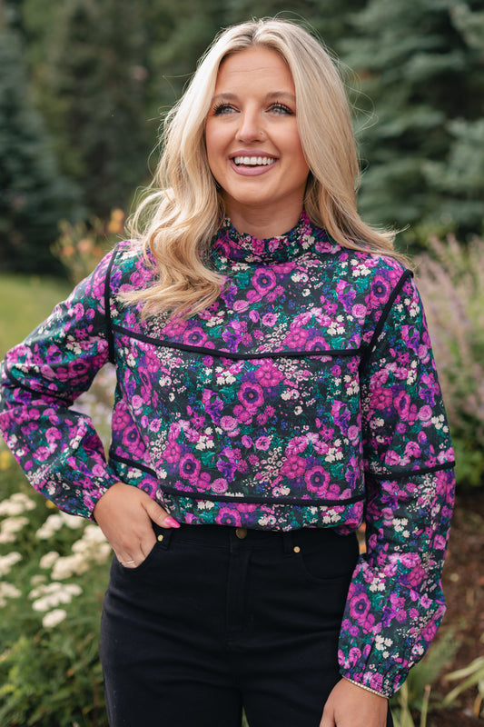 SSYS Marlow Ruffle Collar Blouse with Contrast Piping In Berry Floral