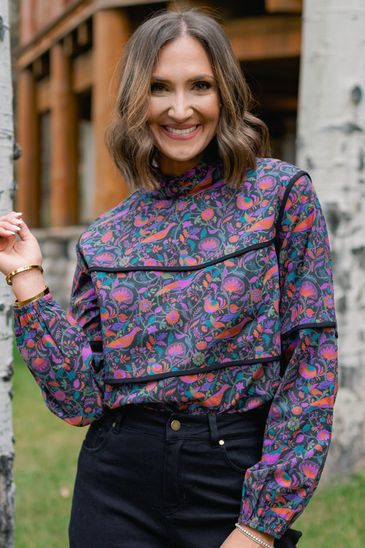 SSYS Marlow Ruffle Collar Blouse with Contrast Piping In Plum Botanical