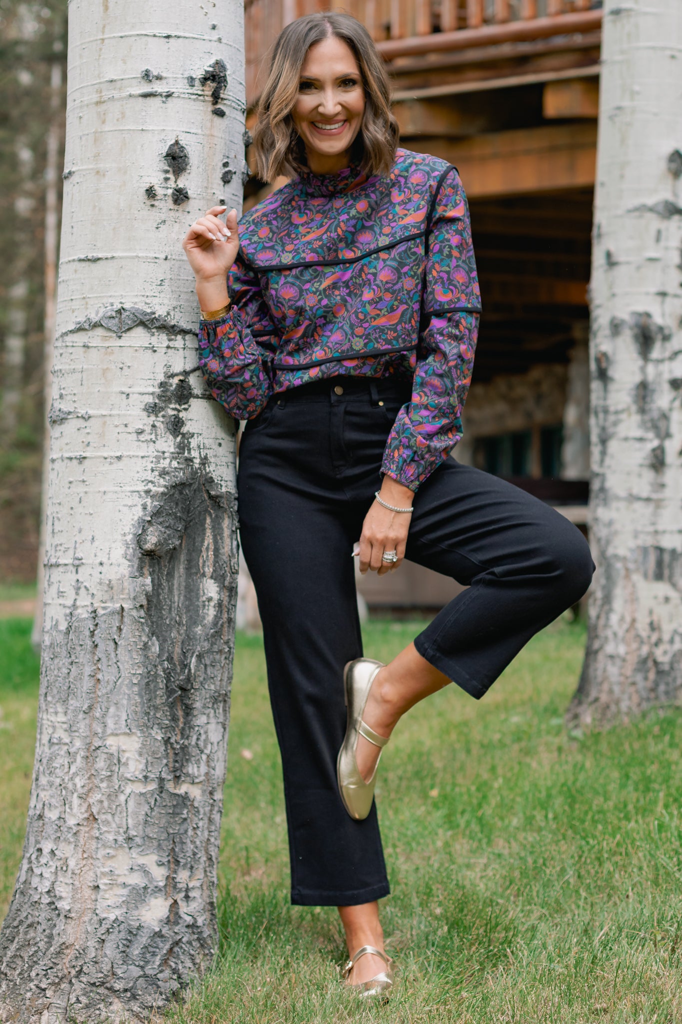 SSYS Marlow Ruffle Collar Blouse with Contrast Piping In Plum Botanical