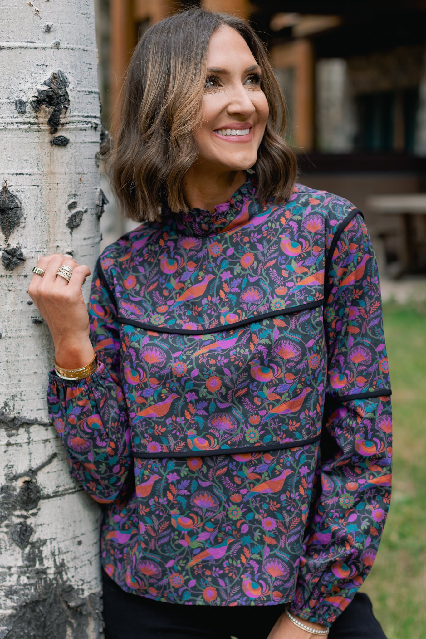 SSYS Marlow Ruffle Collar Blouse with Contrast Piping In Plum Botanical