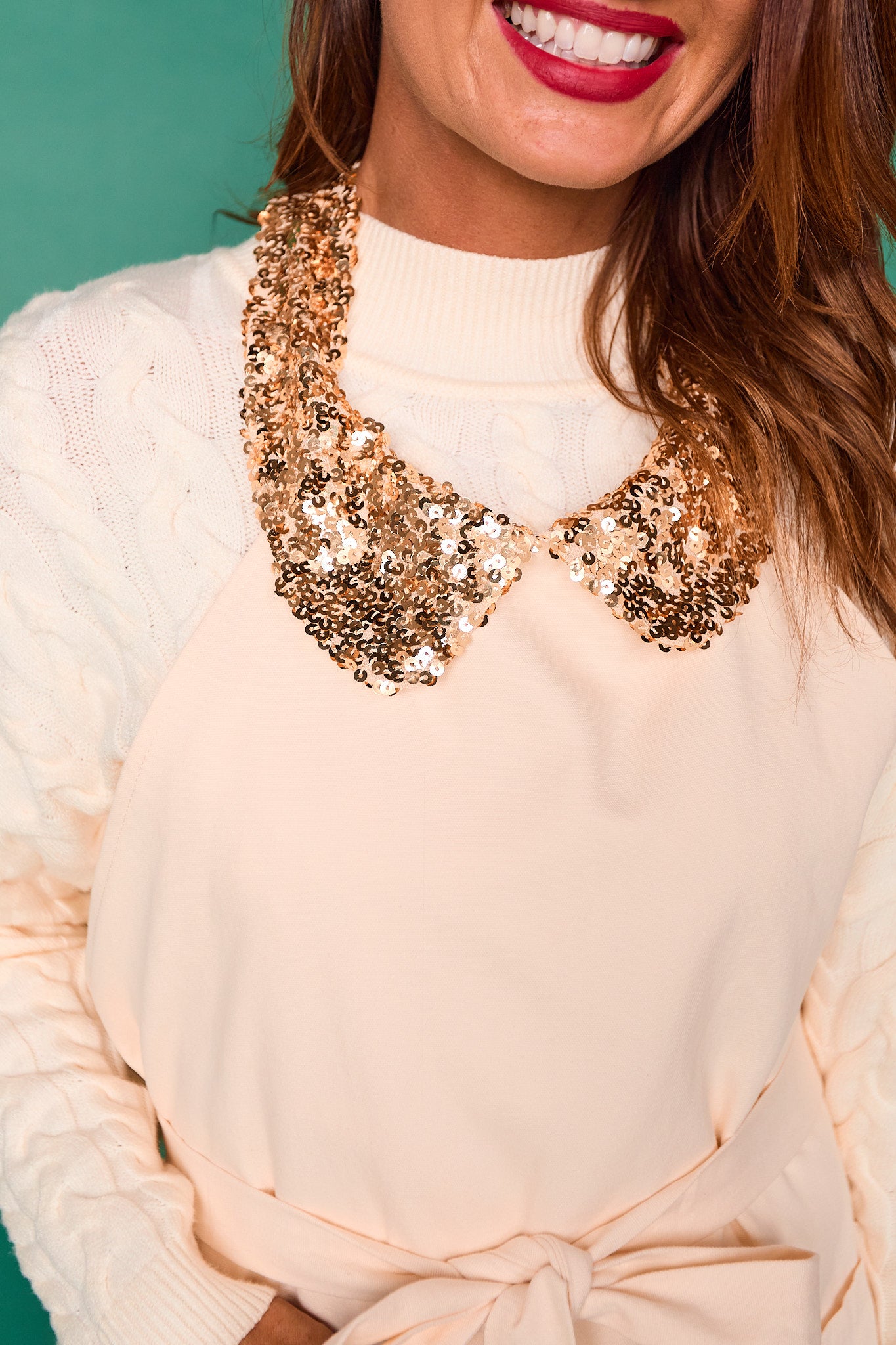 SSYS Hostess Apron with Gold Sequin Collar In Cream
