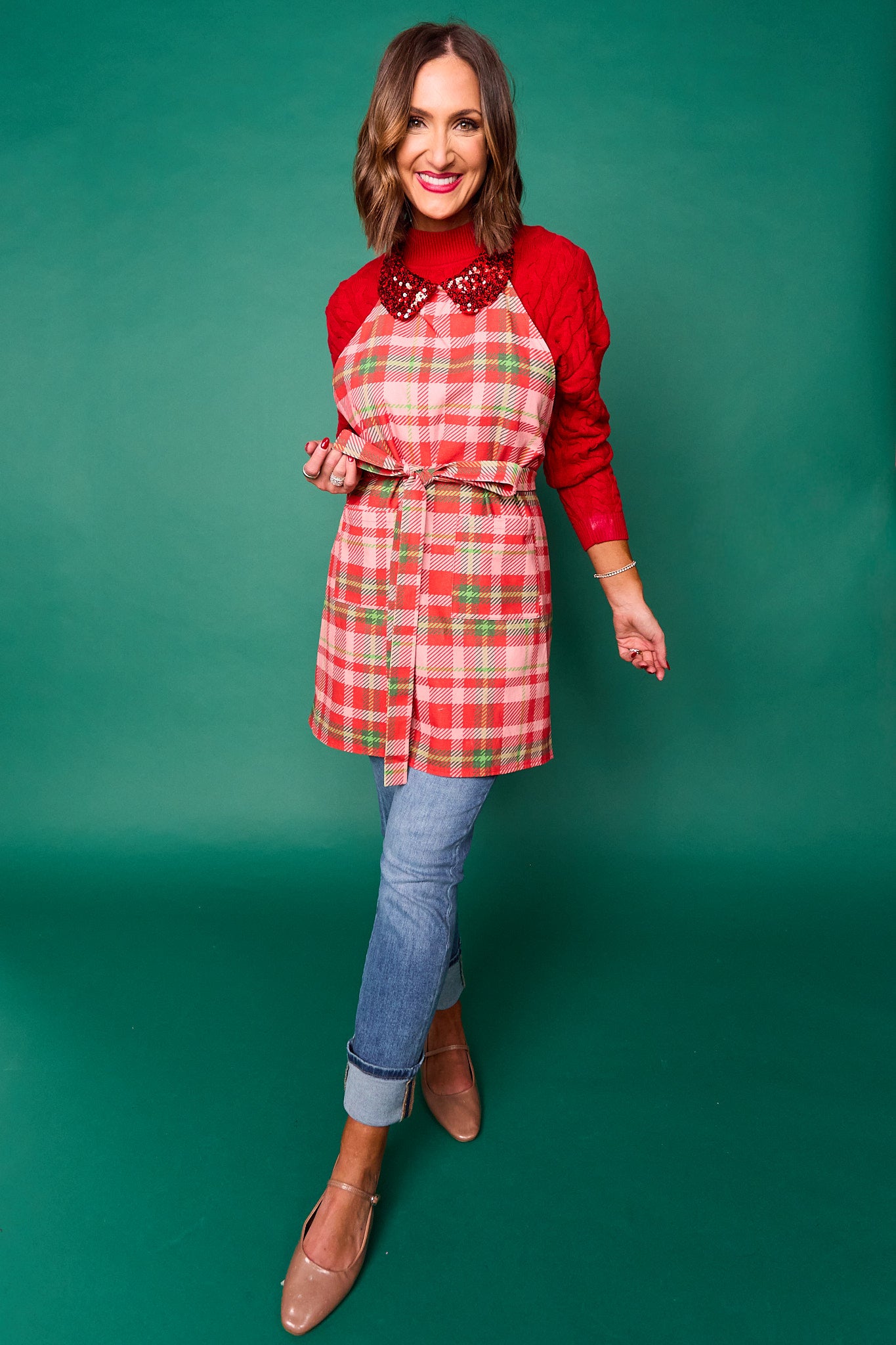 SSYS Hostess Apron with Red Sequin Collar In Red Tartan