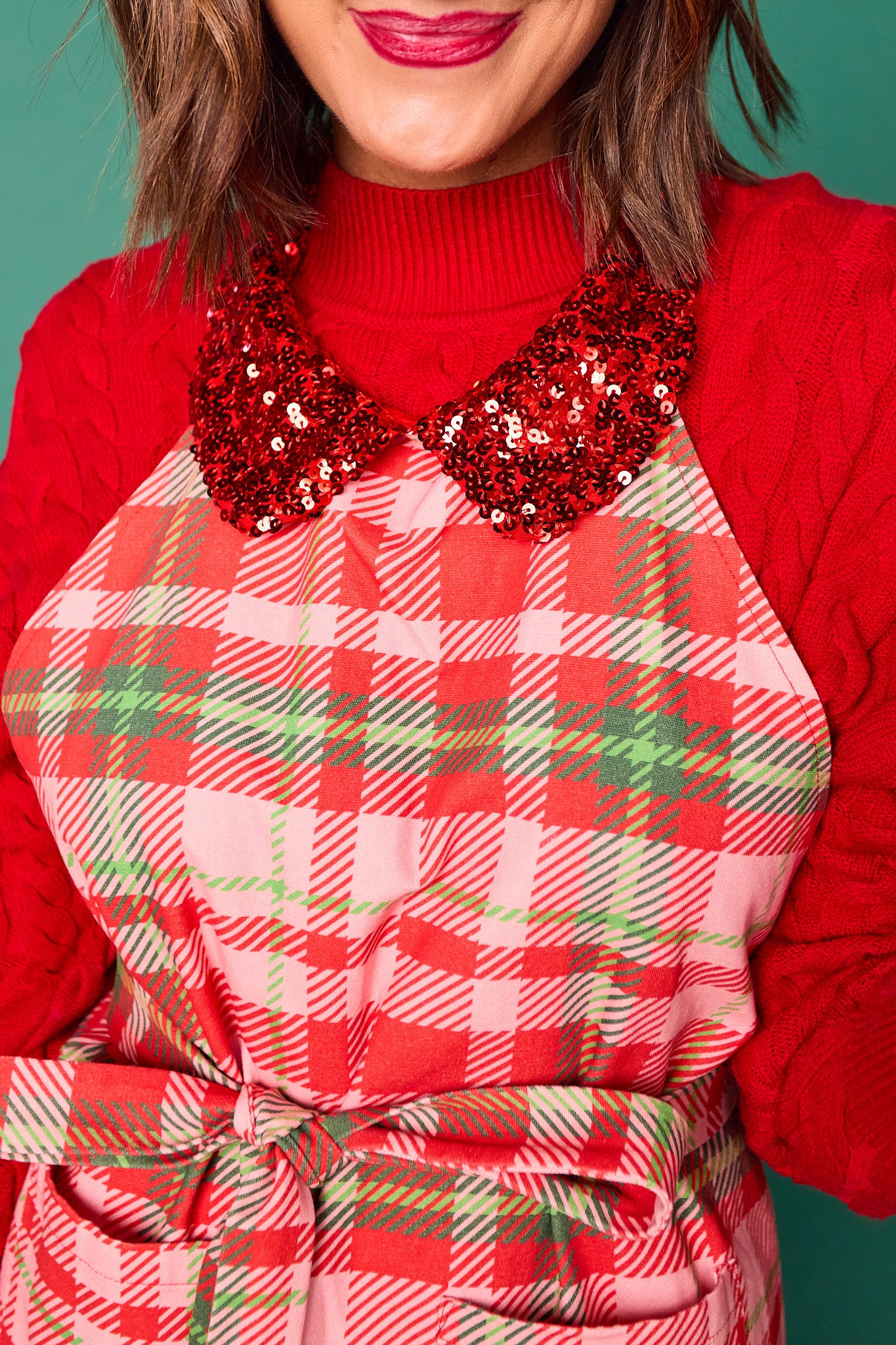 SSYS Hostess Apron with Red Sequin Collar In Red Tartan