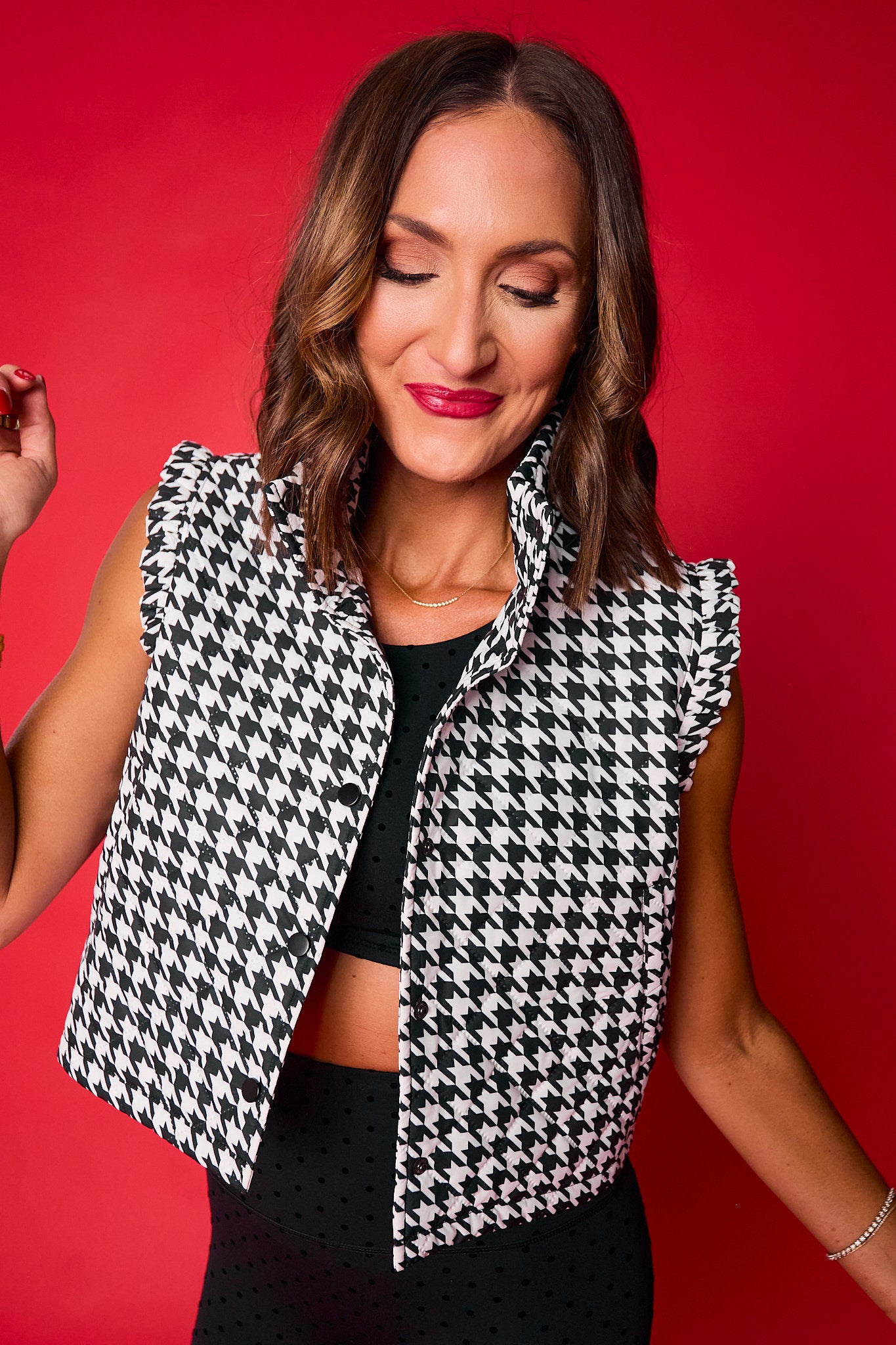 SSYS Amara Cropped Vest With Ruffle Trim In Black and White Houndstooth