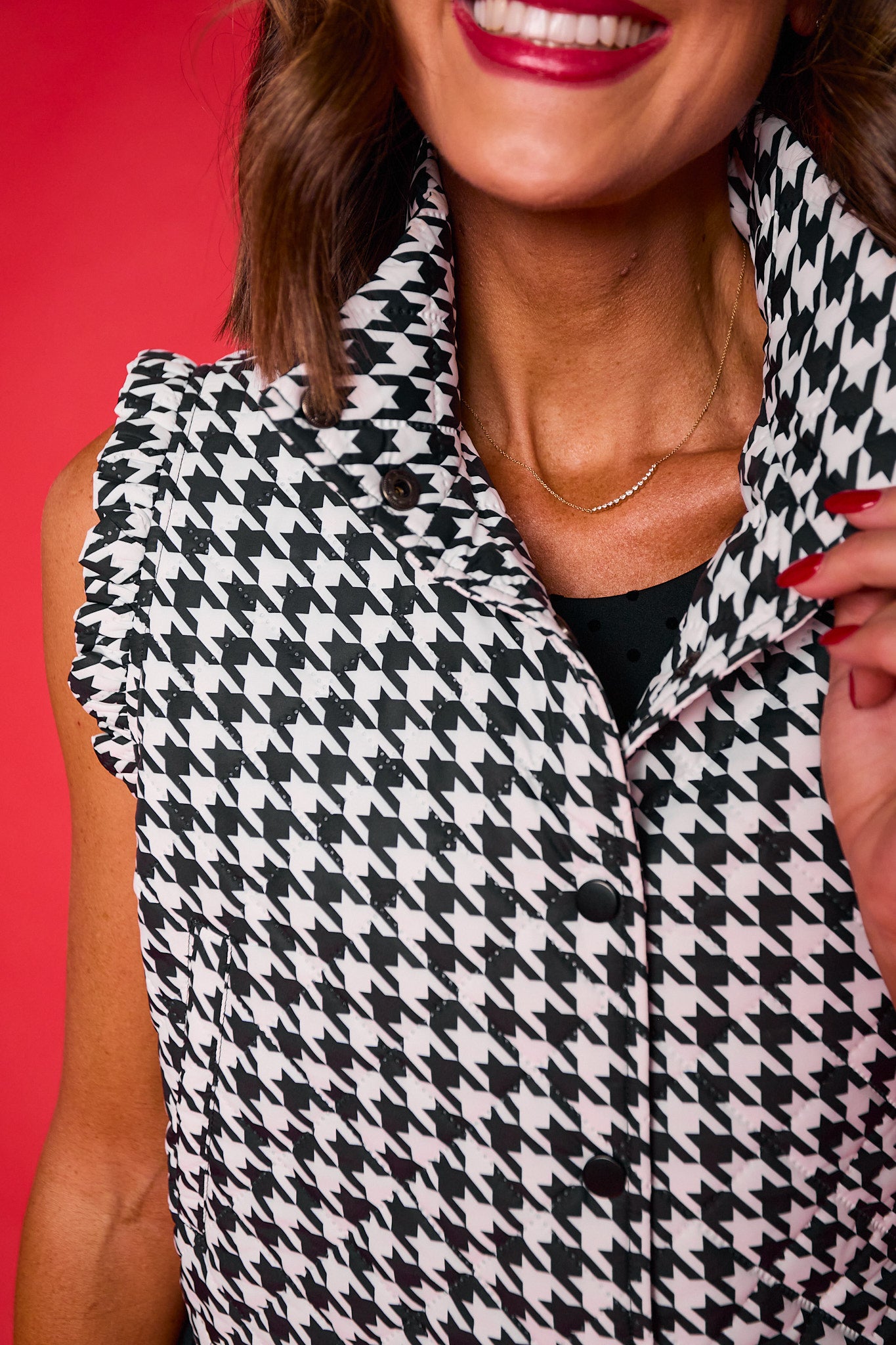 SSYS Amara Cropped Vest With Ruffle Trim In Black and White Houndstooth