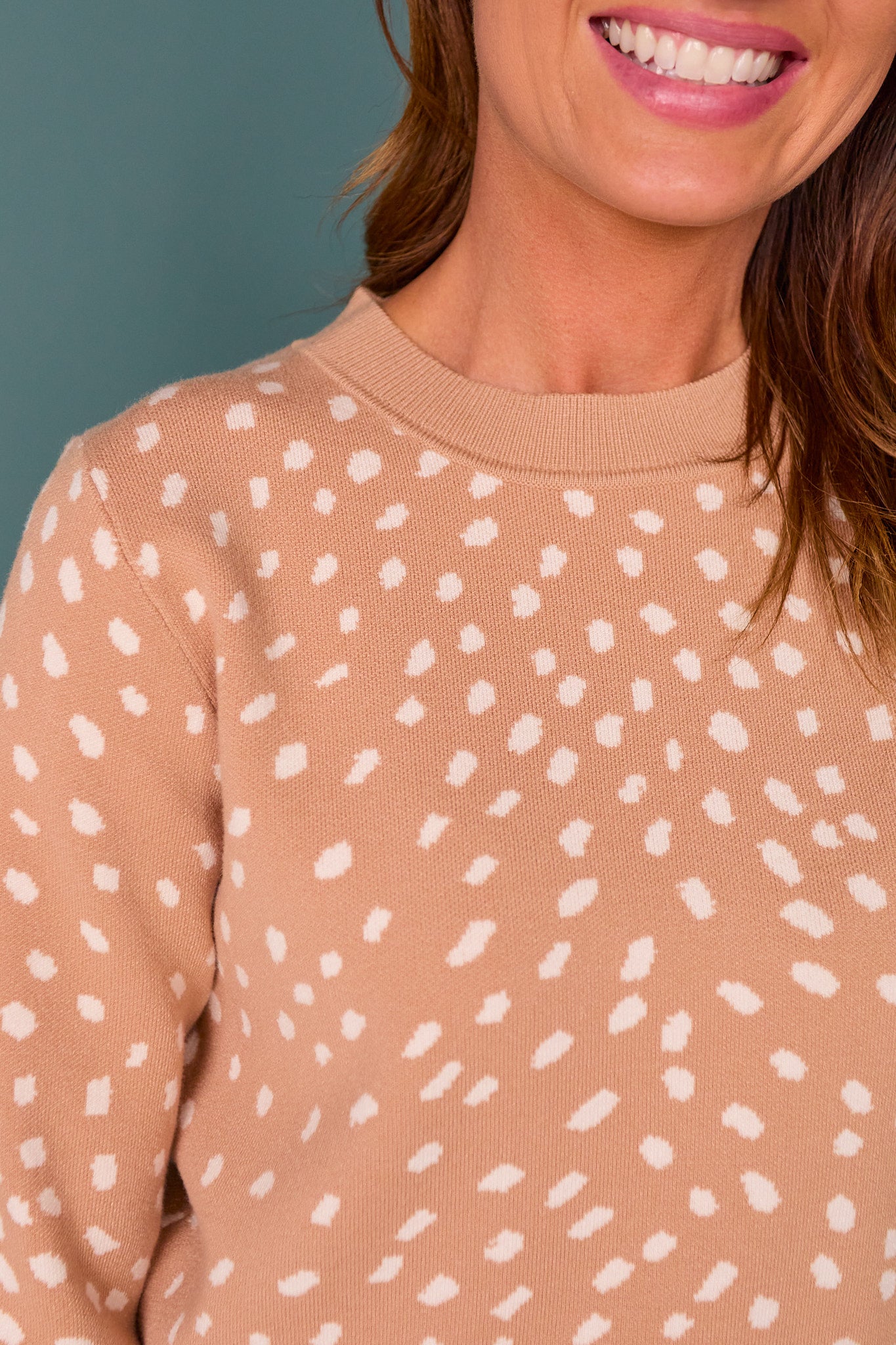 SSYS Elyse Crew Neck Long Sleeve Spotted Animal Sweater In Light Taupe