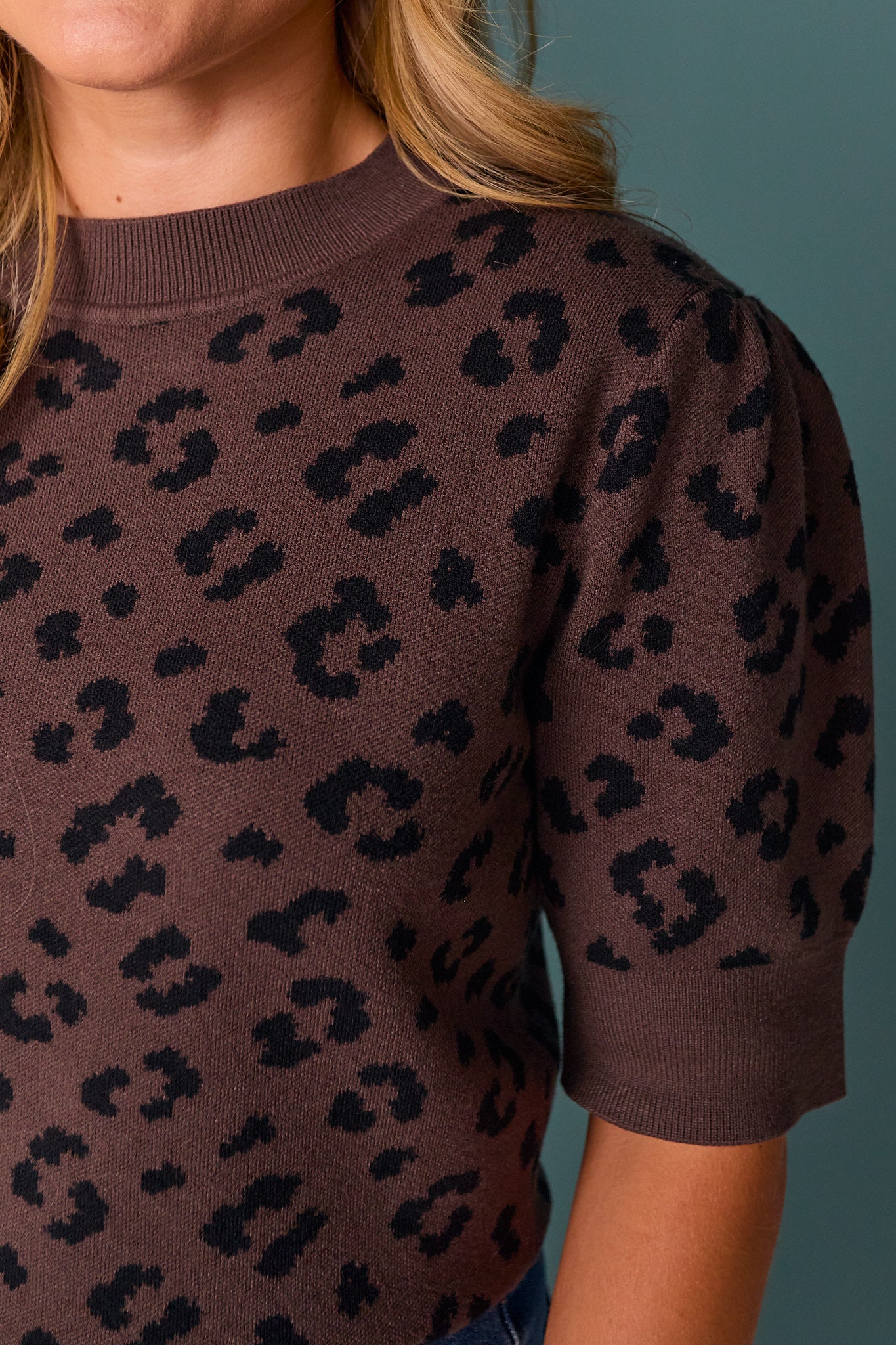 SSYS Verena Short Sleeve Spotted Animal Print Sweater In Brown