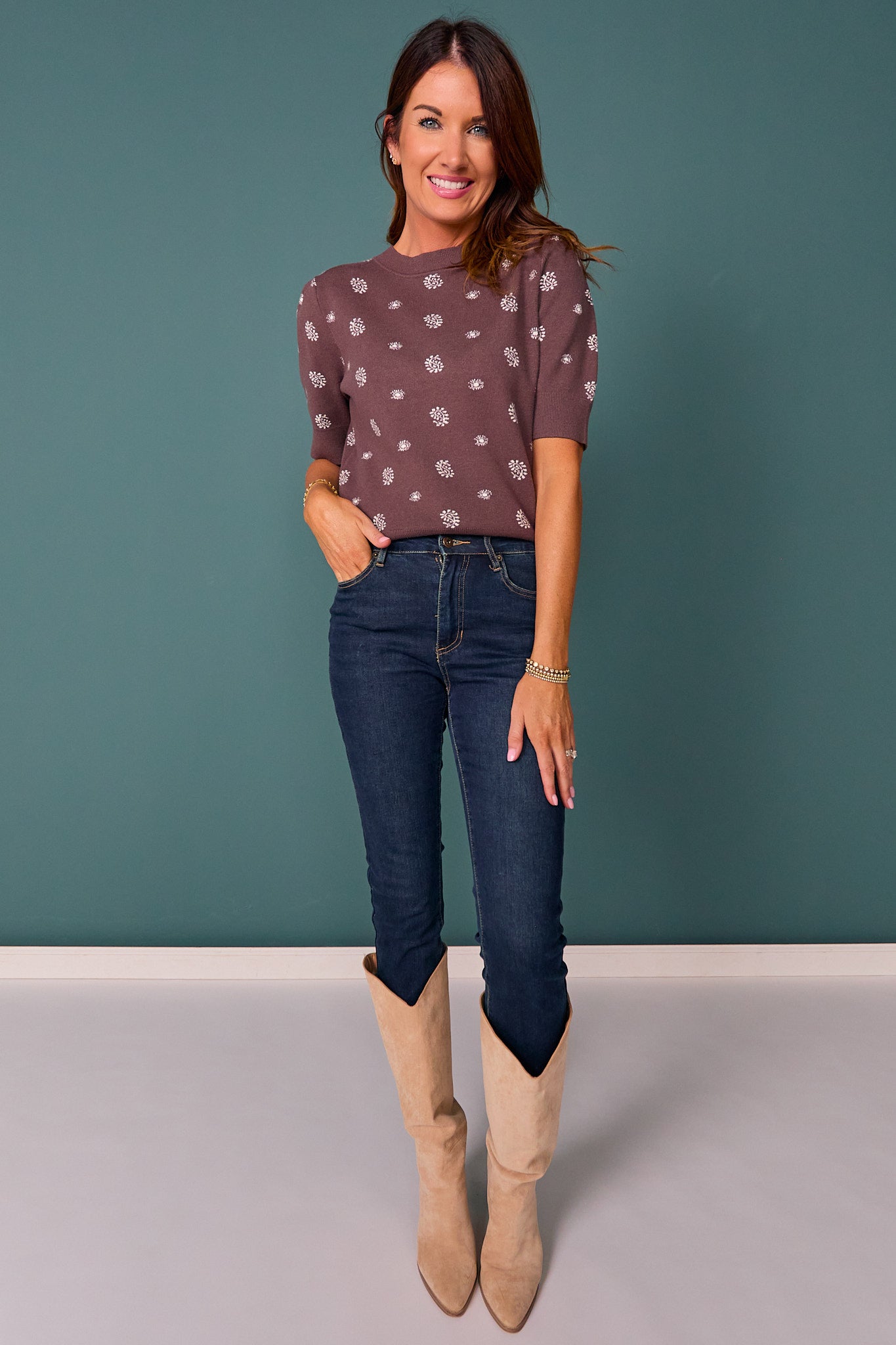 SSYS Verena Short Sleeve Bandana Print Sweater In Brown