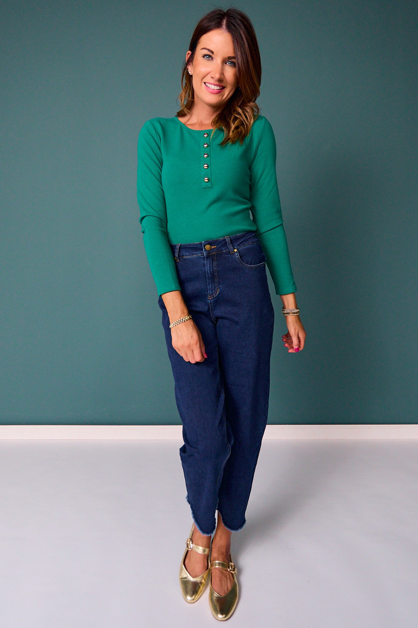 SSYS Cece Knit Long Sleeve Top With Gold Button Detail In Green