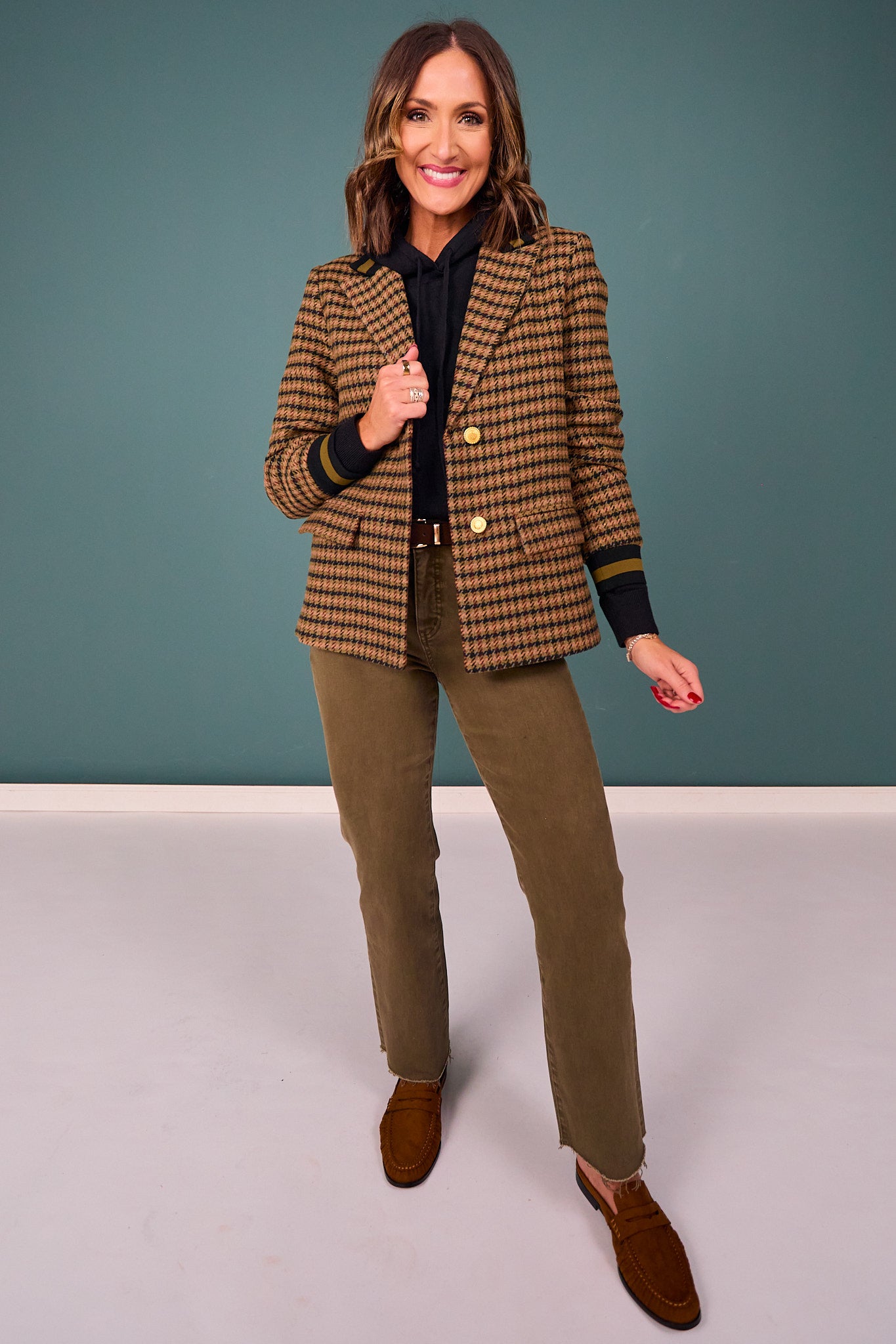 SSYS Kiara Tweed Plaid Varsity Blazer In Olive