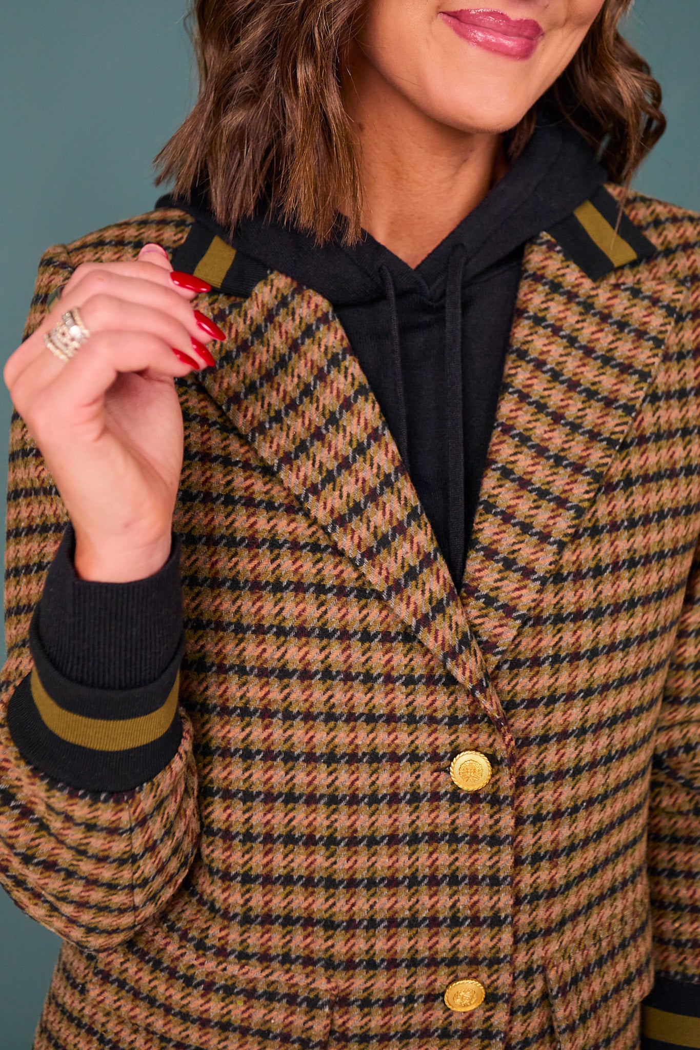 SSYS Kiara Tweed Plaid Varsity Blazer In Olive