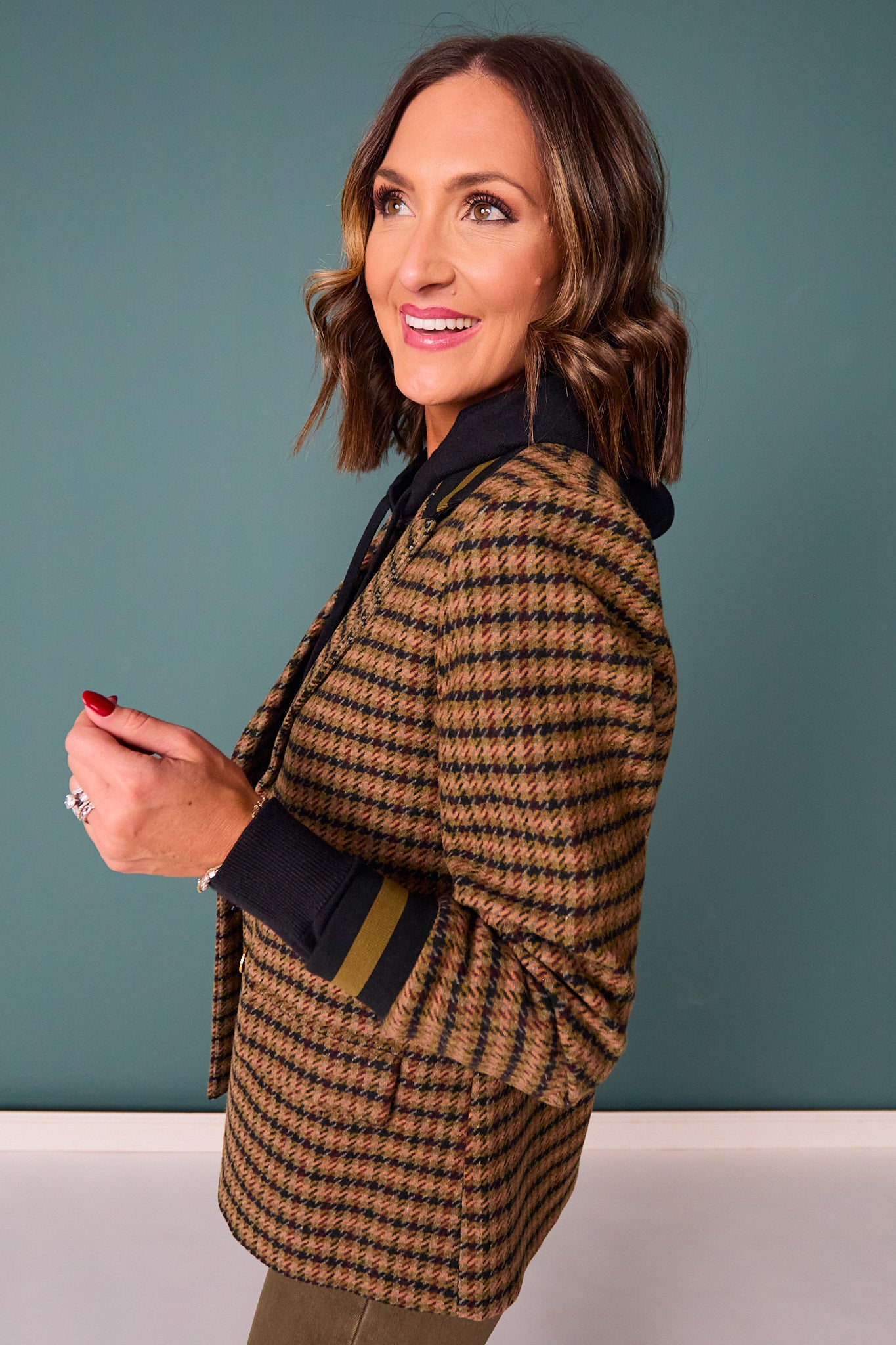 SSYS Kiara Tweed Plaid Varsity Blazer In Olive