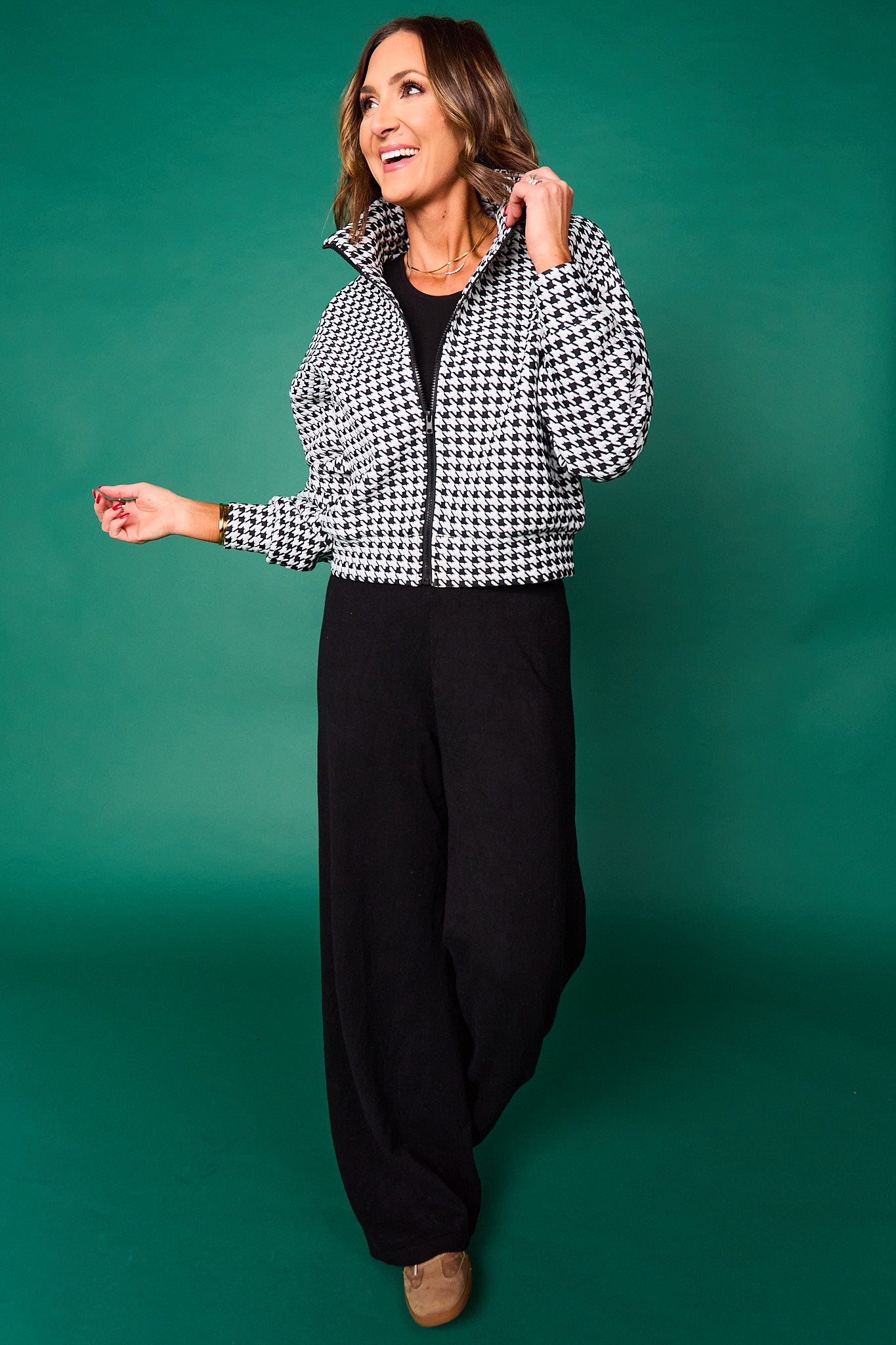 SSYS Edie Bomber Jacket In Black Houndstooth