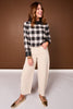 SSYS Farah Plaid Flannel Long Sleeve Mock Neck Top with Leather Trim In Black