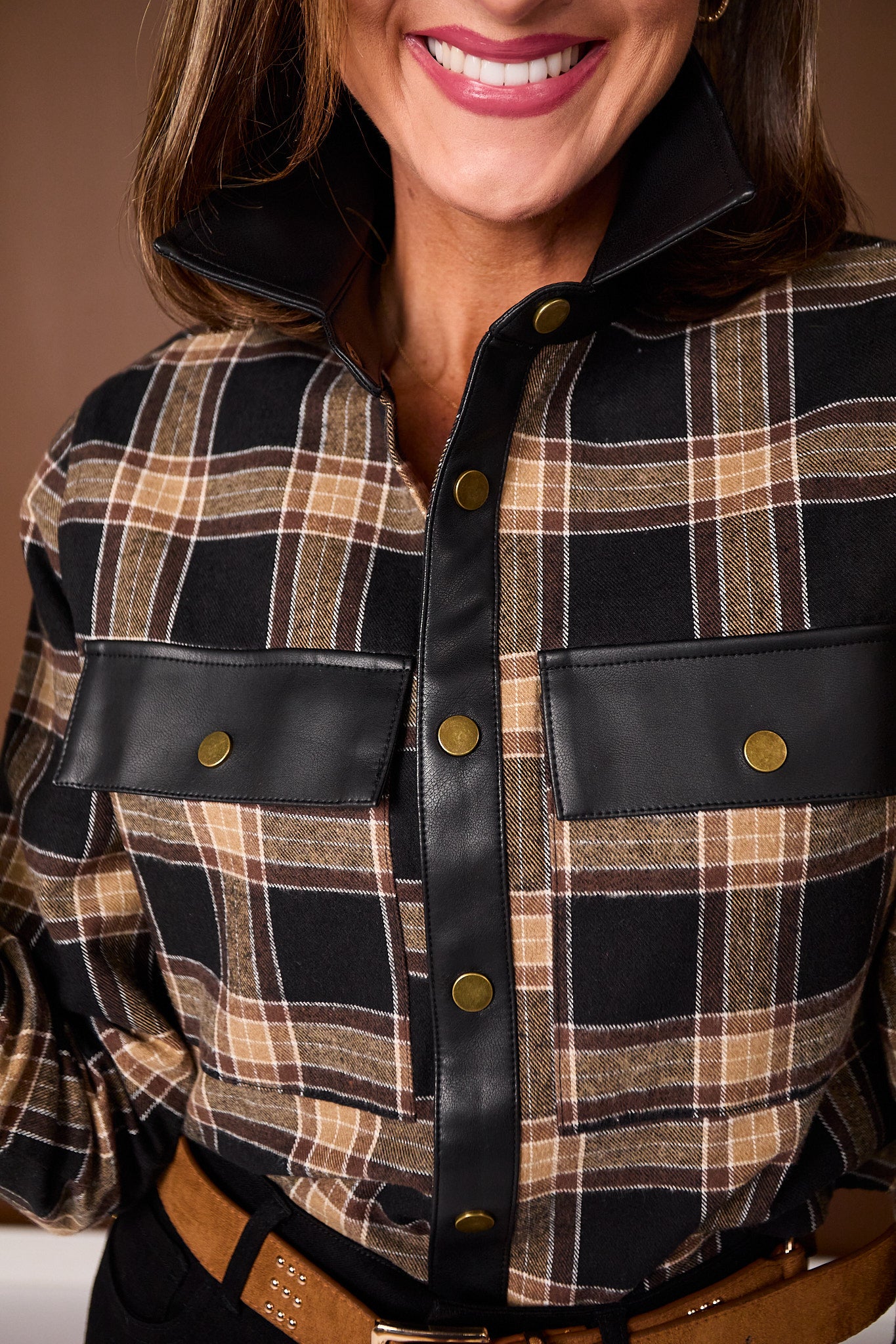 SSYS Signature Flannel Cropped Shacket With Leather Trim In Brown Plaid