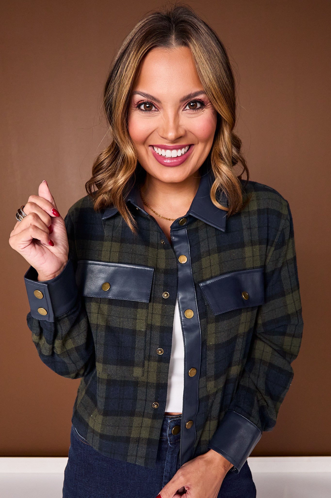 SSYS Signature Flannel Cropped Shacket With Leather Trim In Navy Plaid