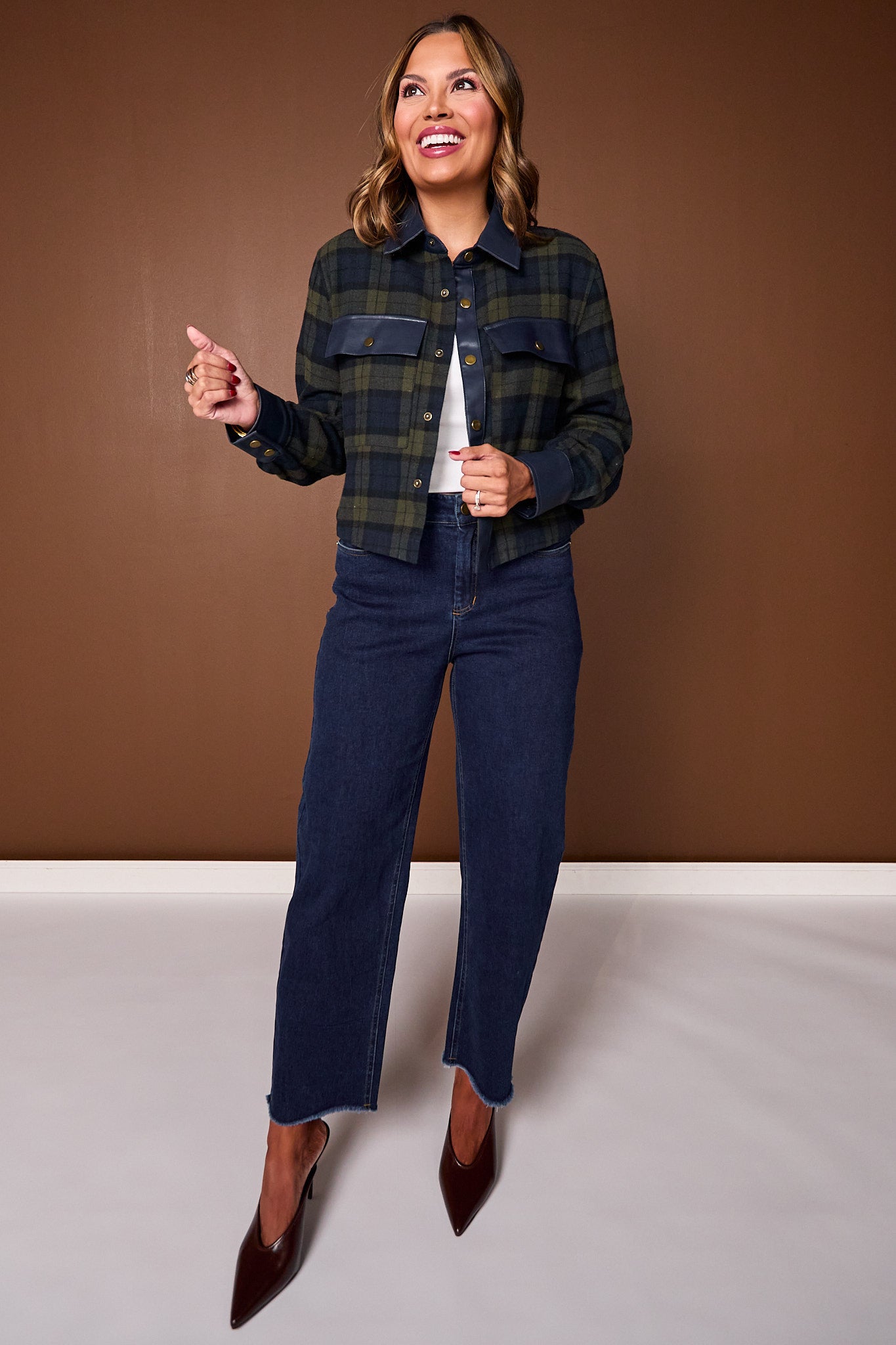 SSYS Signature Flannel Cropped Shacket With Leather Trim In Navy Plaid