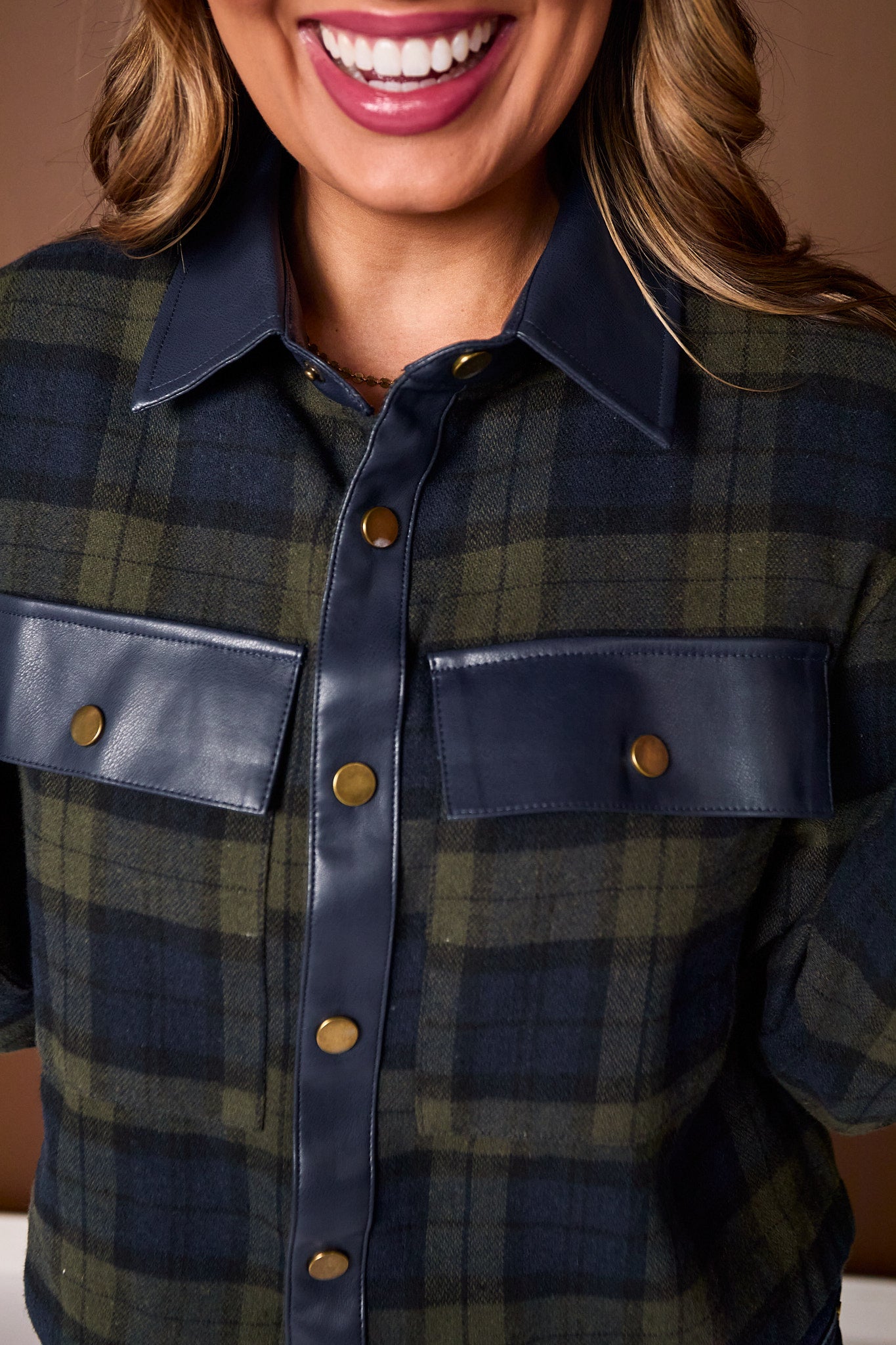 SSYS Signature Flannel Cropped Shacket With Leather Trim In Navy Plaid