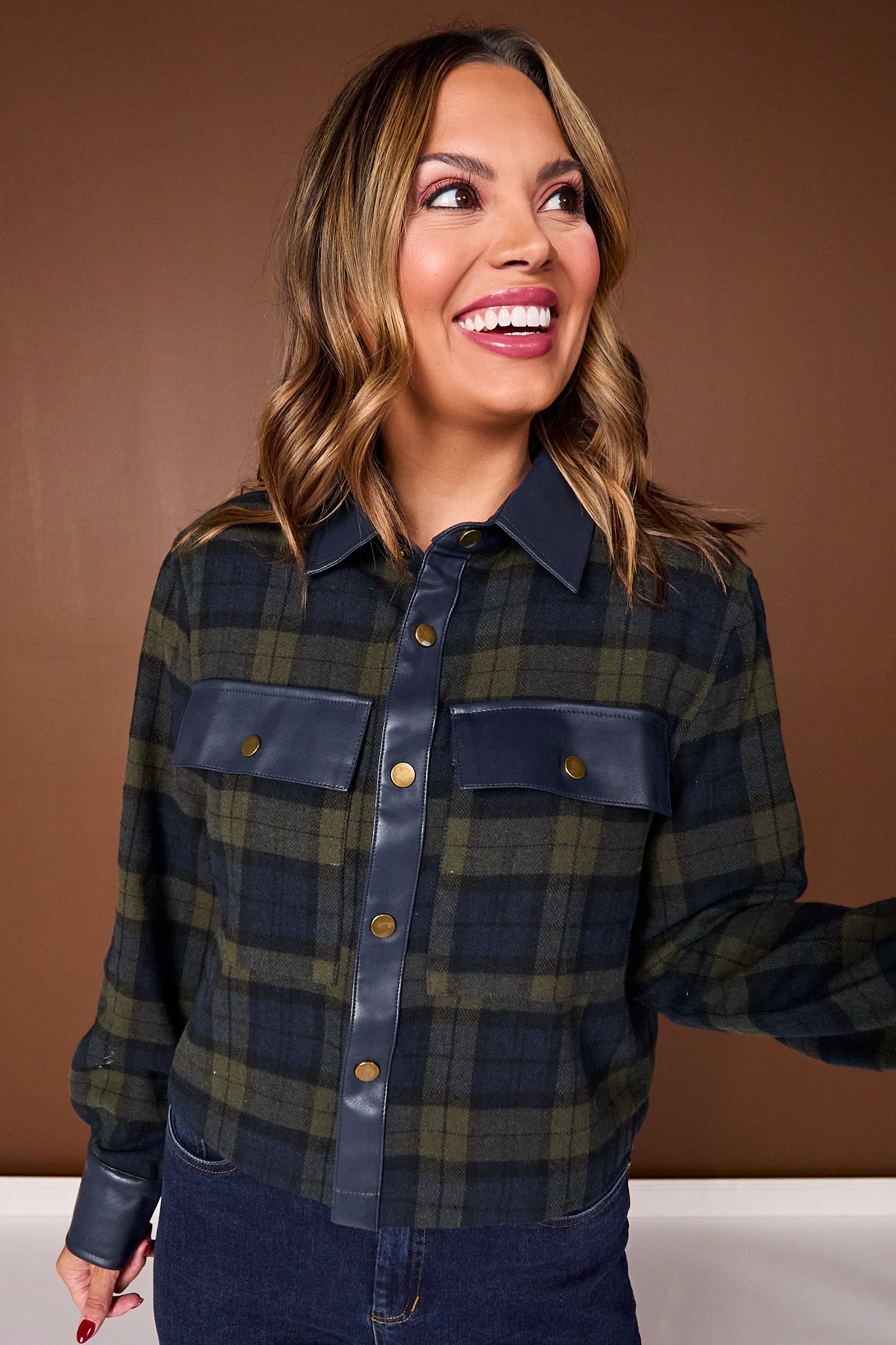 SSYS Signature Flannel Cropped Shacket With Leather Trim In Navy Plaid
