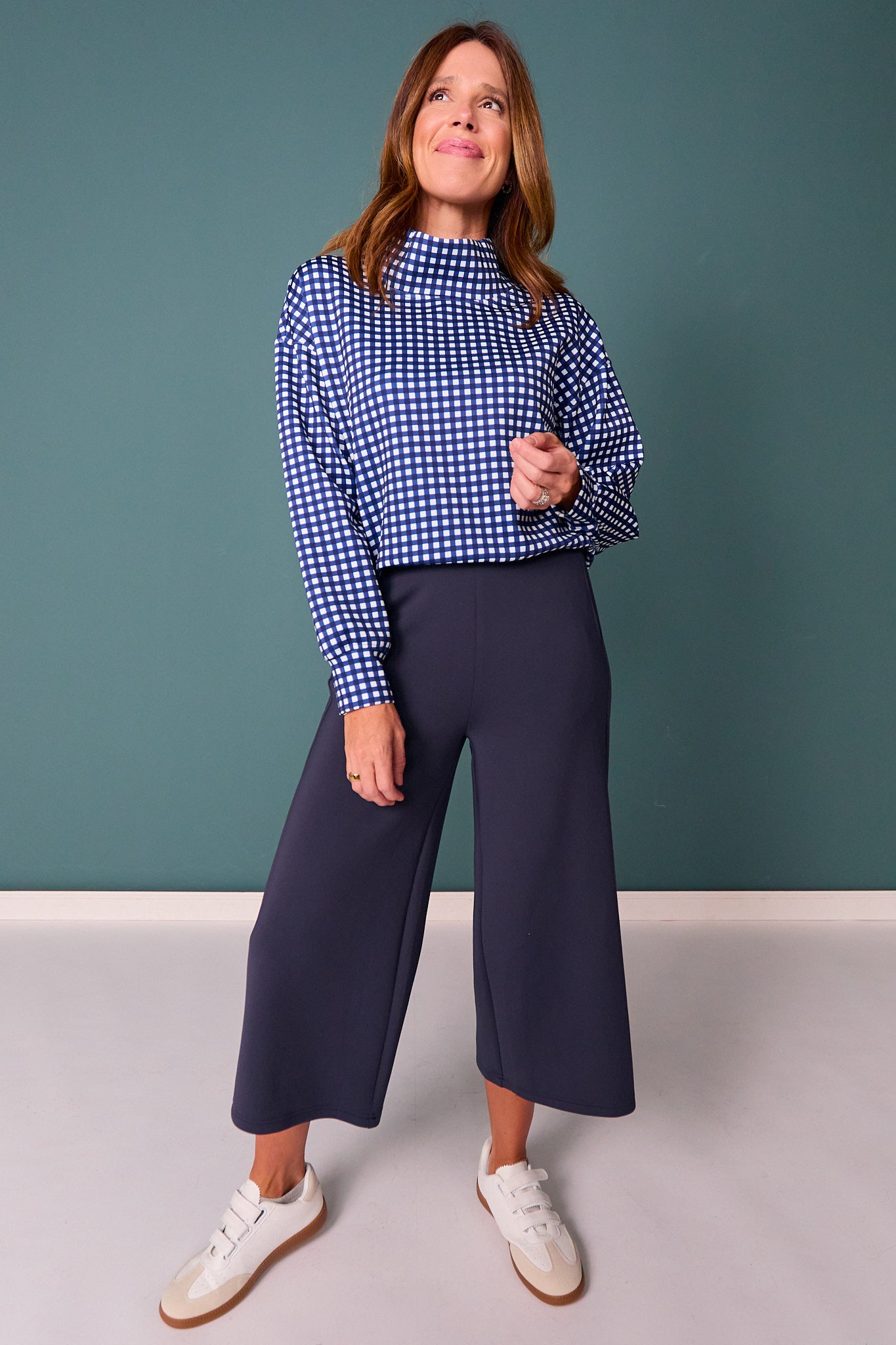 *PRE-ORDER ETA DEC* SSYS Gigi Scuba Mock Neck Cropped Pullover In Navy Gingham *FINAL SALE*