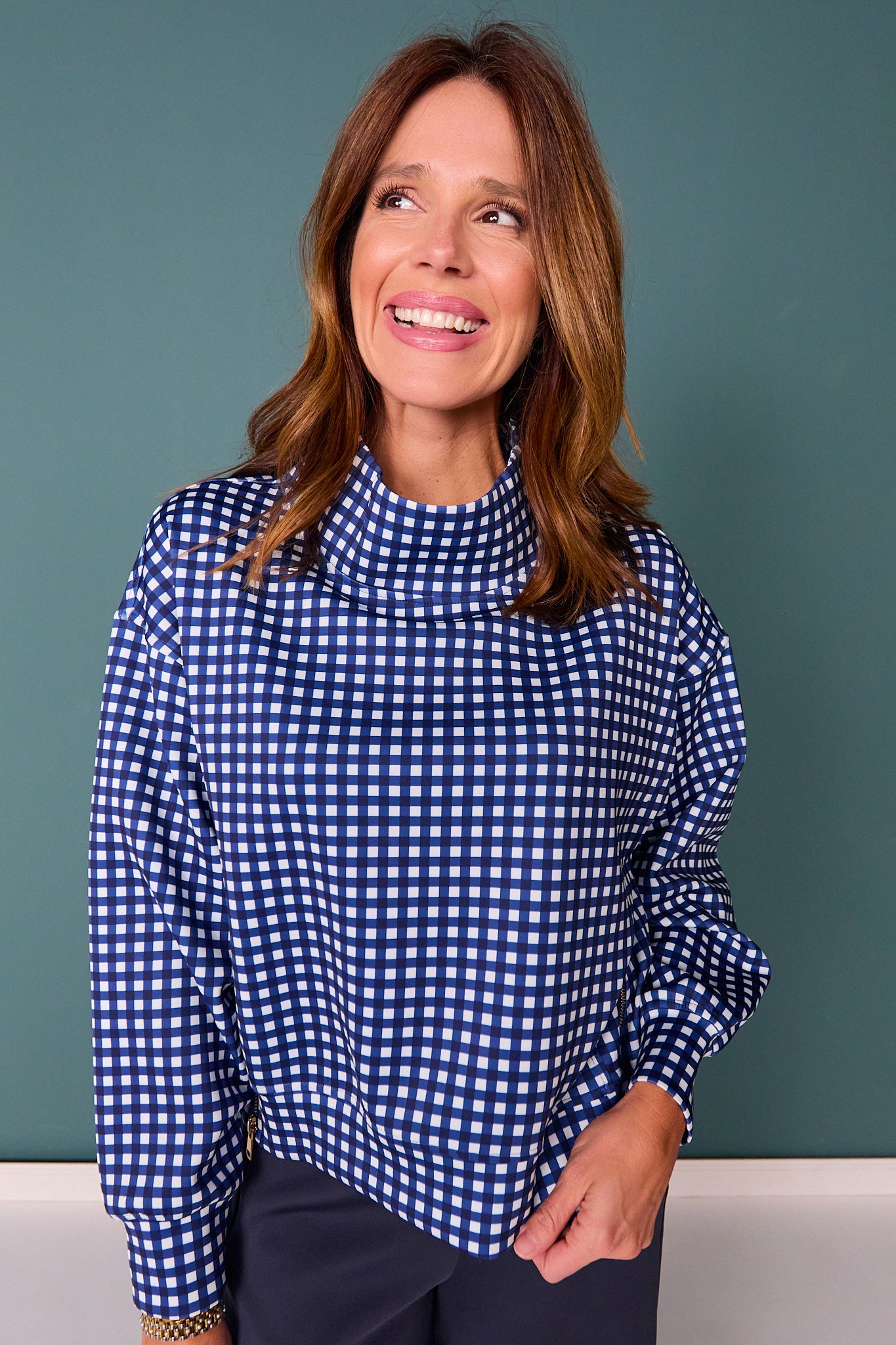 *PRE-ORDER ETA DEC* SSYS Gigi Scuba Mock Neck Cropped Pullover In Navy Gingham *FINAL SALE*